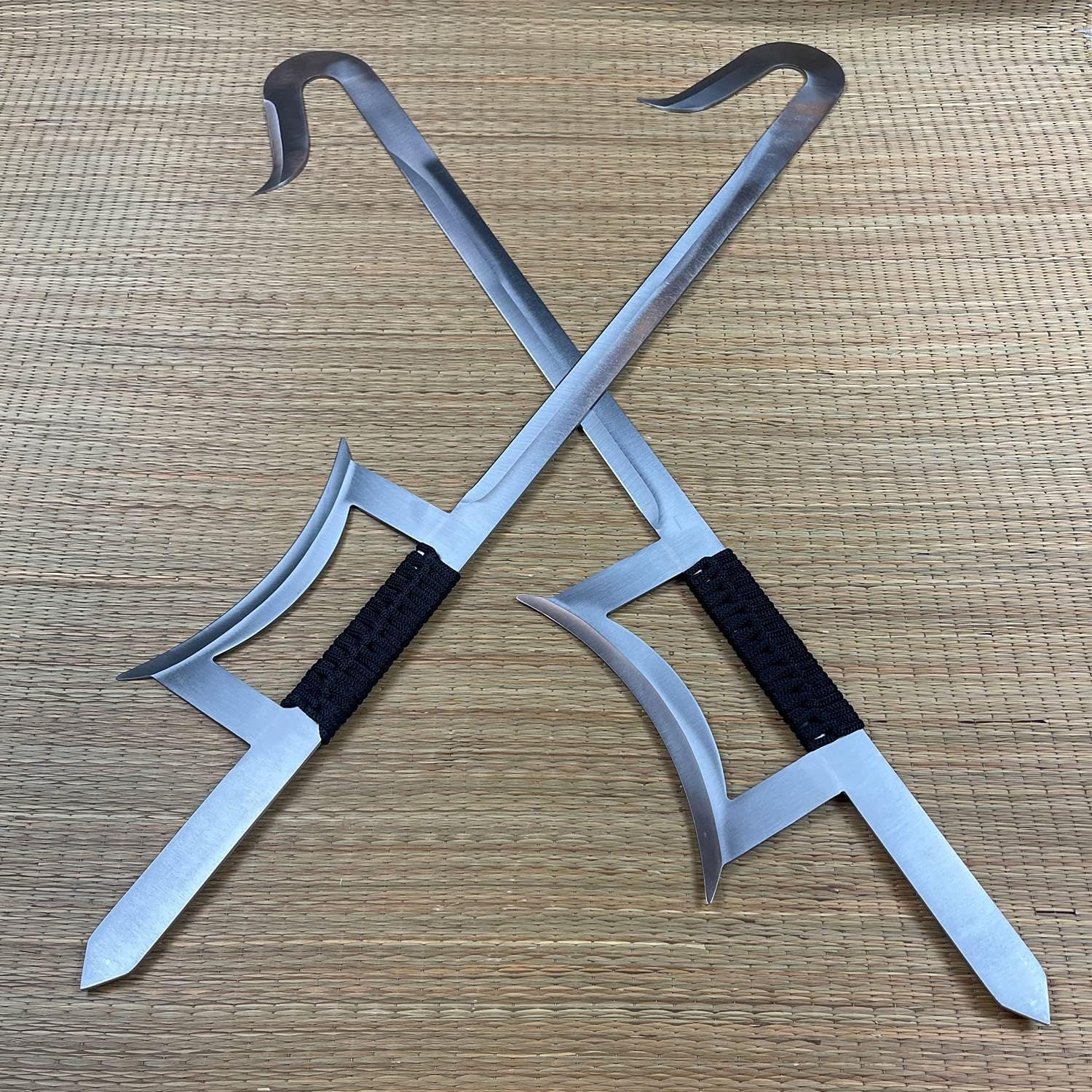 33 14inch Two Twin Piece Set Stainless Steel Chinese Hook Sword with Black Corded Wrapped Grip on Handles Fully Functional (Silver)