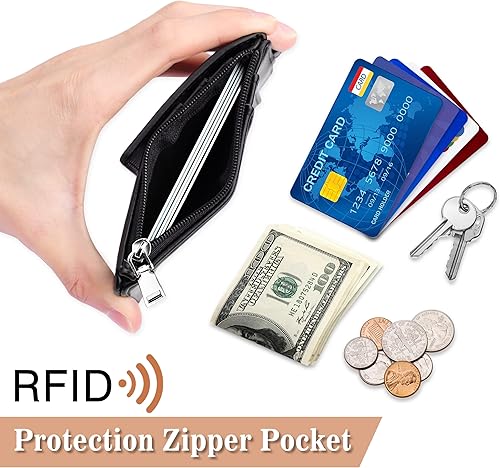 Miniatura 4 de ELV Portatarjetas con cremallera y cordón, cartera de piel sintética para tarjetas de identificación con 5 ranuras para tarjetas, bolsillo de