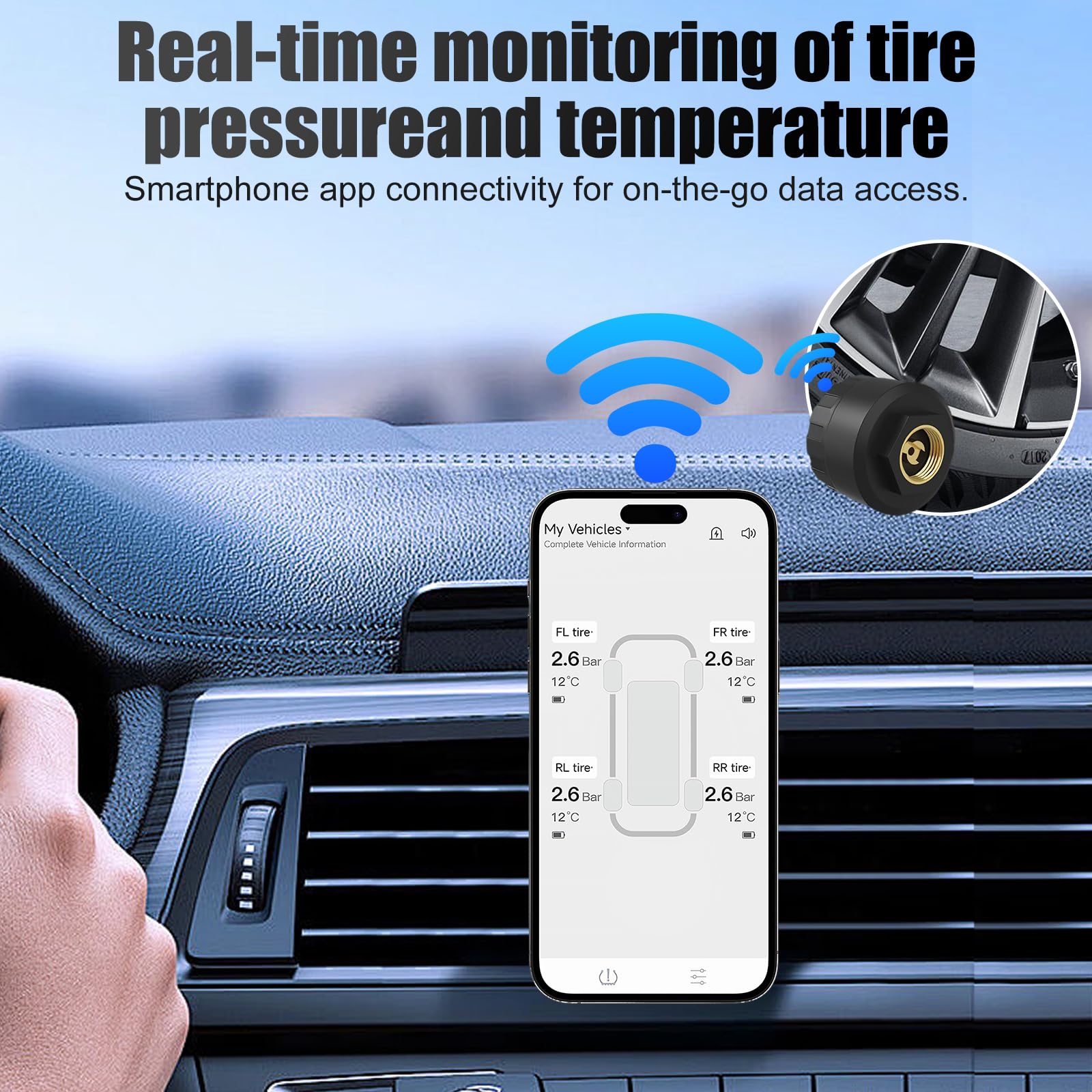 OBEST TPMS Sistema de Control de Presión de Neumáticos con 4 Sensores Externos, Inalámbrica Aplicación Bluetooth Inteligente, Detector de Temperatura, Compatible con iOS y Andro