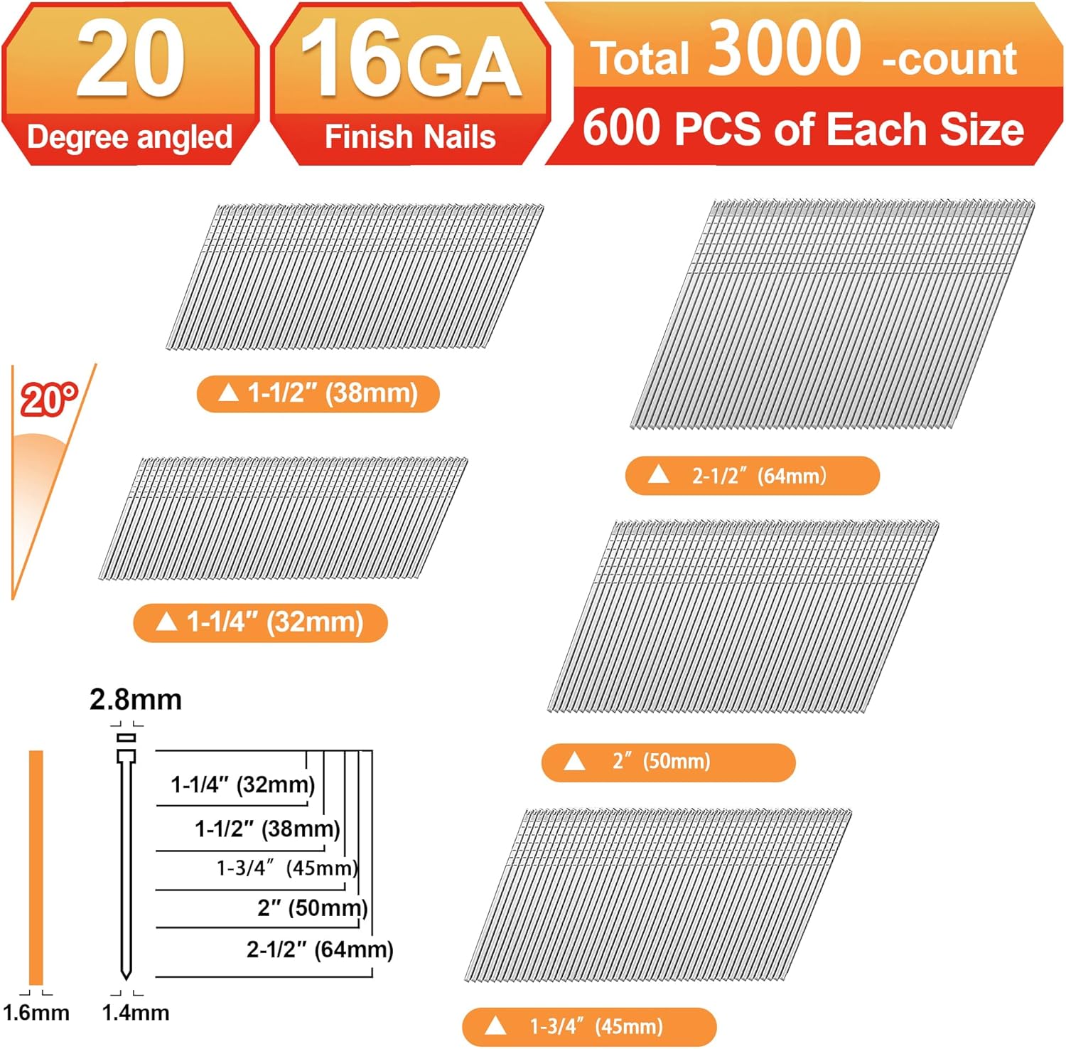 16 Gauge 304 Stainless Steel Angled Finish Nails,20-Degree,for 20 to 22 Degree of Pneumatic,Electric Angled Finish Nailer(2-1/2", 2",1-3/4",1-1/2",1-1/4",3000-Pack)