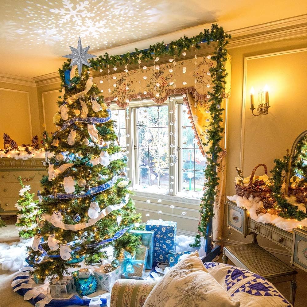 YEAHOME Christmas Star Tree Topper, Lighted Star Tree Topper Silver Christmas Tree Star with Projector Lights Xmas Tree Topper for Christmas Tree Decorations