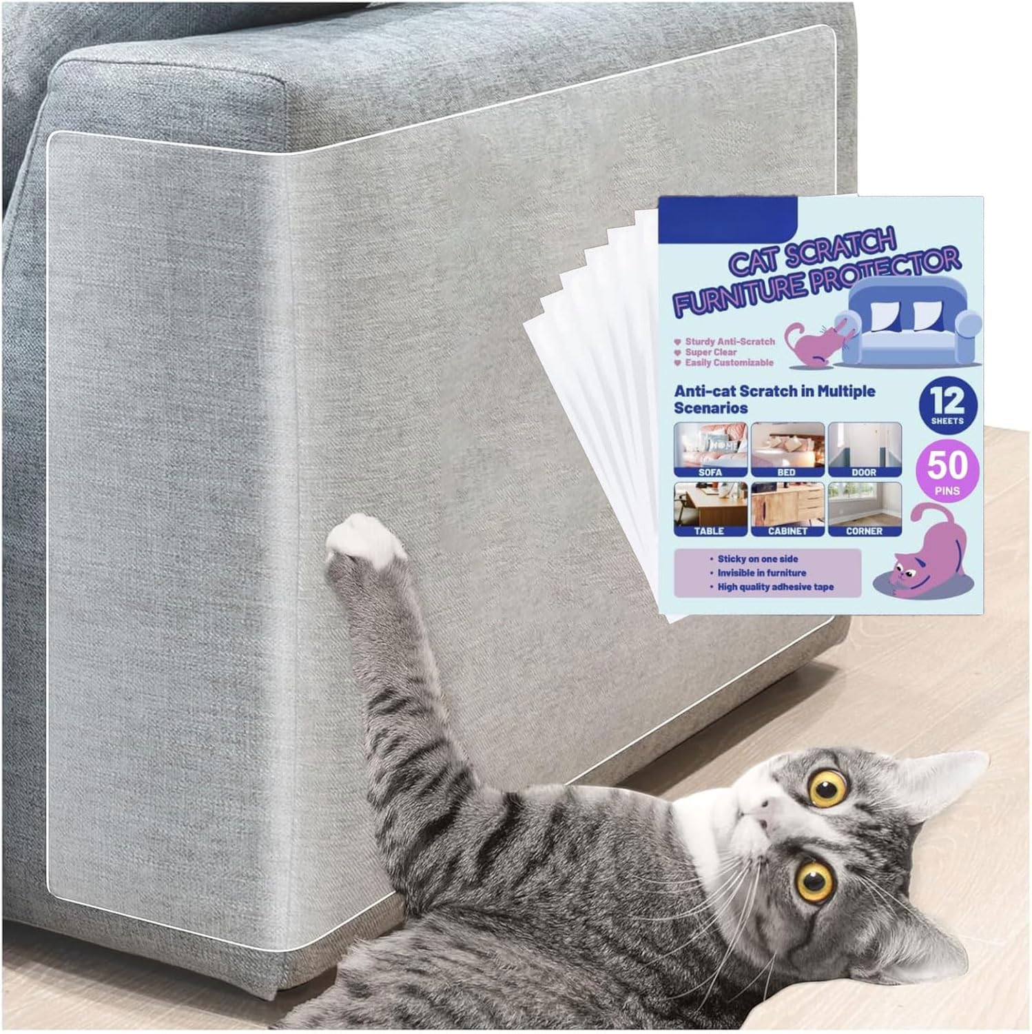 Ahamo Cat Scratcher Pad, Cat Scratcher Tape, 8 Pack Leather Couch Protector Sticker, Anti-Scratch Furniture Protector for Leather & Wooden Surfaces Claw Resistant Adhesive Sticker-with 50 Twist Pins-image-23