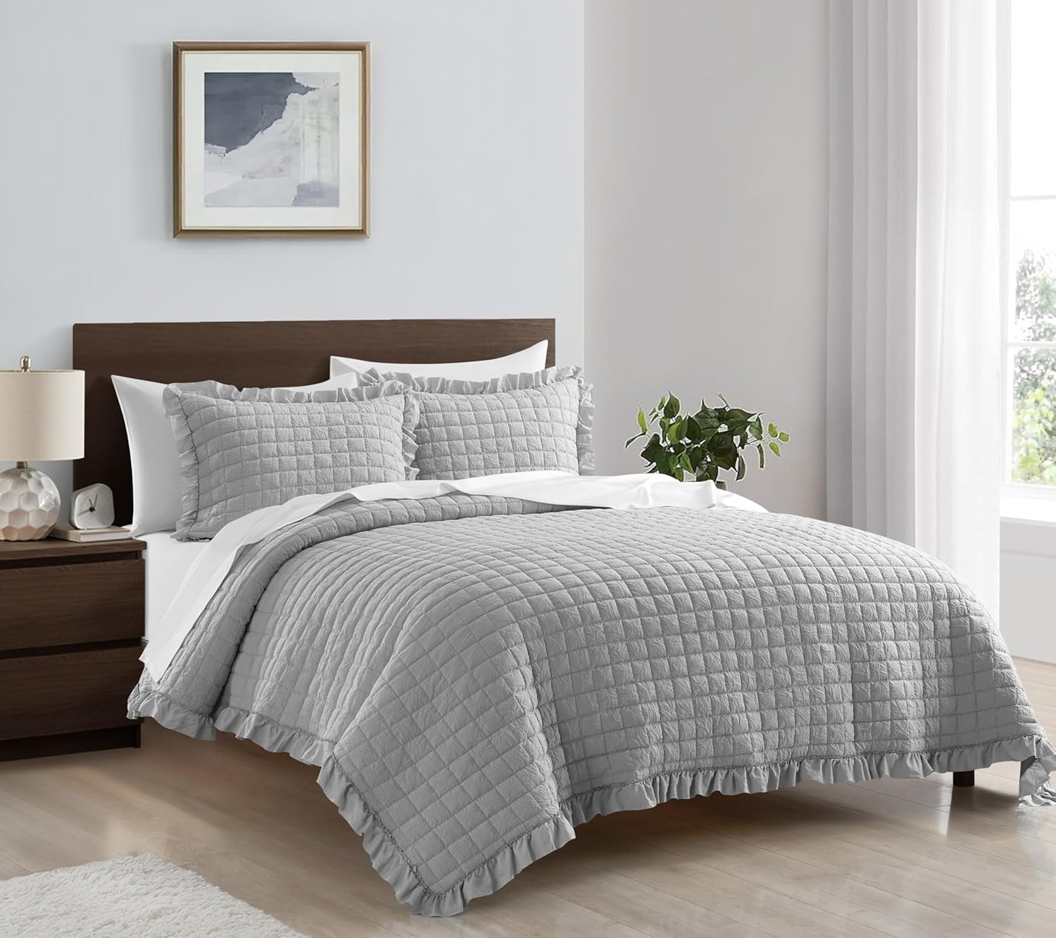 Chic Home Revel Queen Quilt Set 3-Piece Diamond Stitched Lightweight Coverlet with 2 Pillow Shams, Grey