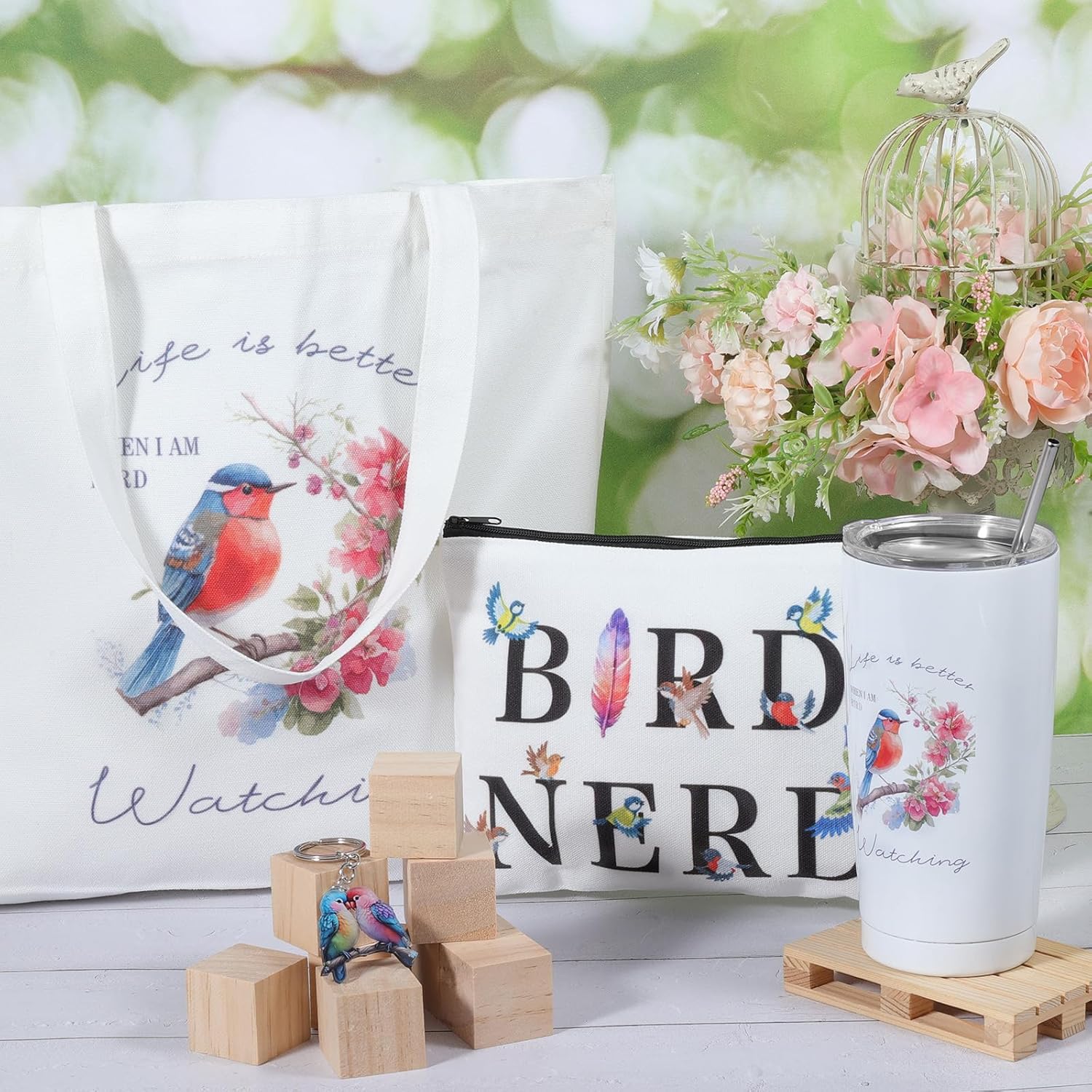 Bird Lovers Gifts for Women, Bird Gifts Baskets for Christmas Birthday 20 oz Stainless Steel Tumbler, Makeup Bag, Tote Bag, Socks, Keychain Funny Birds Lover Gift - Image 4