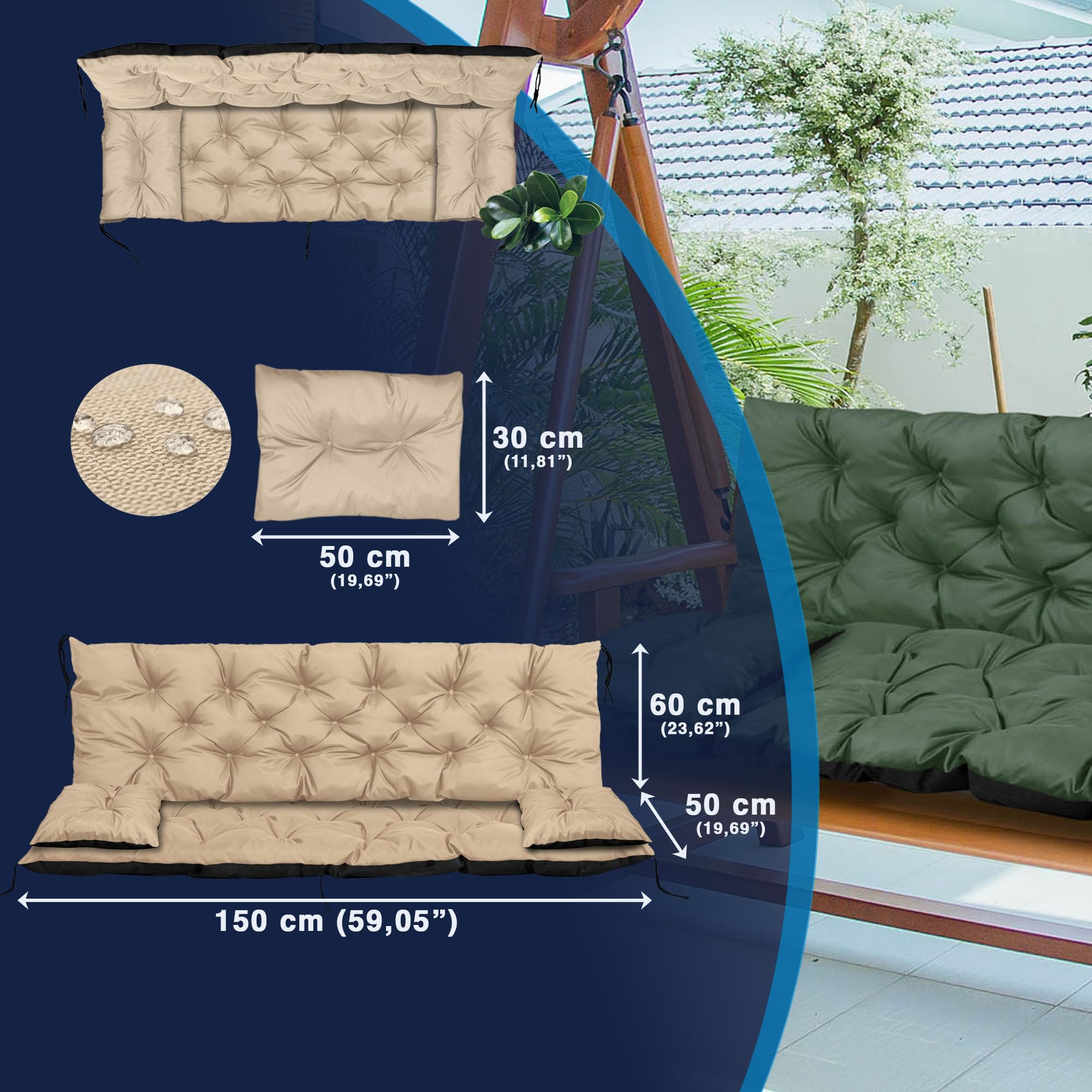 Set di cuscini EDANTI per panca altalena da giardino, cuscini per mobili da giardino, cuscino per panca impermeabile + 2X cuscini più piccoli (Beige, 150x60x50 cm)