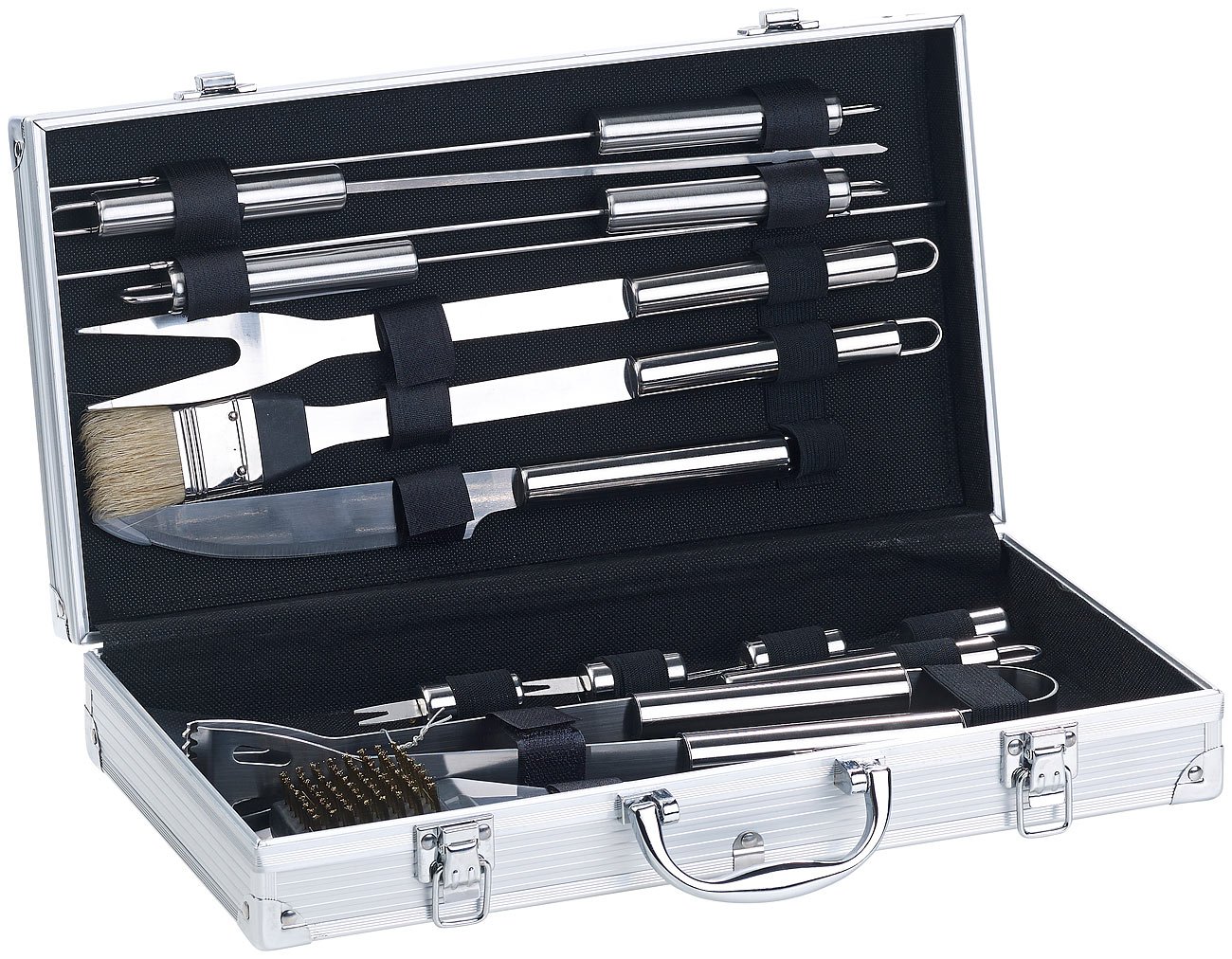 Rosenstein & Söhne Giardino e Giardinaggio Set 14 Pezzi Barbecue Utensili Acciaio Inossidabile Valigia Alluminio Spazzola Pulizia Grill