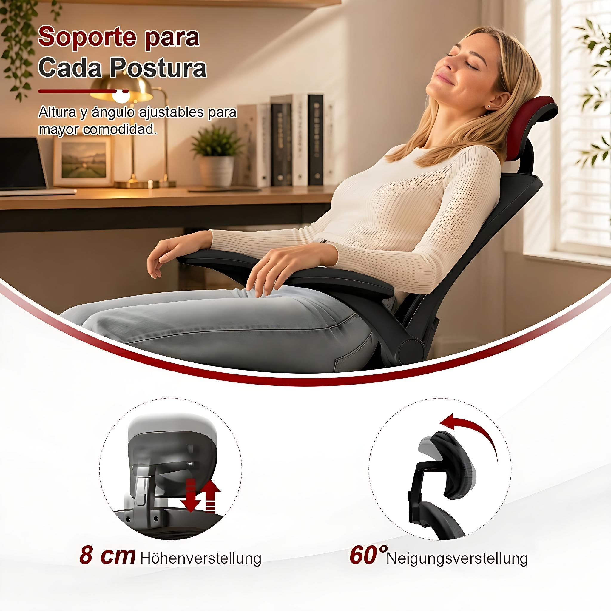 Silla Ergonómica de Oficina con Soporte Lumbar Ajustable, Reposacabezas Regulable y Reposabrazos Abatibles, Silla de Malla para Oficina en Casa, Estudio y Uso Diario, Negra