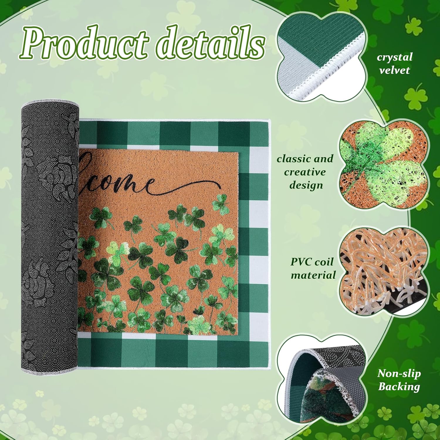 Shemilly 2pcs St. Patrick's Day Doormat Set Green Shamrock Welcome Floor Mats Non-Slip Entrance Green White Checkered Door Rugs for Indoor Outdoor Home Kitchen Living Room Bathroom