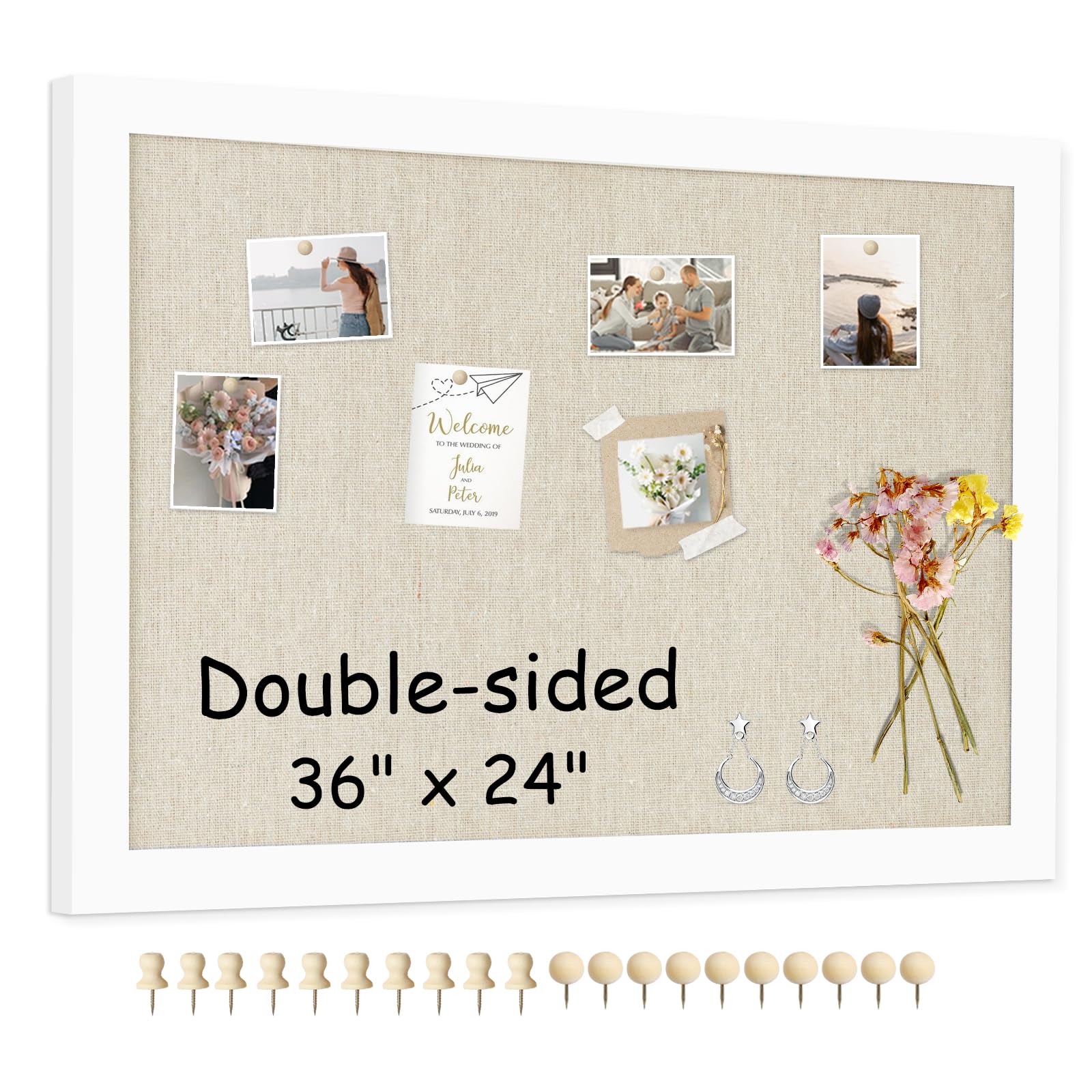 AMUSIGHT Double-Sided Large Cork Board with Linen, 36" x 24" Hanging Wood Framed Bulletin Board, Picture Display Vision Board Corkboards for Wall Room School Office Decor, 20 Pushpins,1pack — image 1