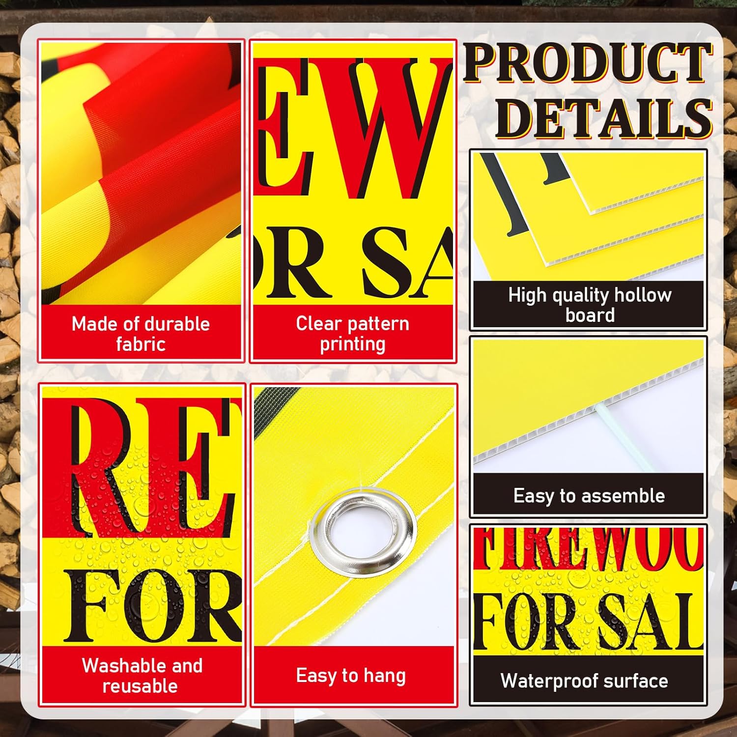 Chumia 1 Pcs Firewood for Sale Banner 3 Pcs Double Sided Firewood for Sale Yard Signs with Stakes Fabric Polyester Banner 2 x 6 ft Signs with Stands 11.81 x 15.75 Inch for Wood Business Outdoor