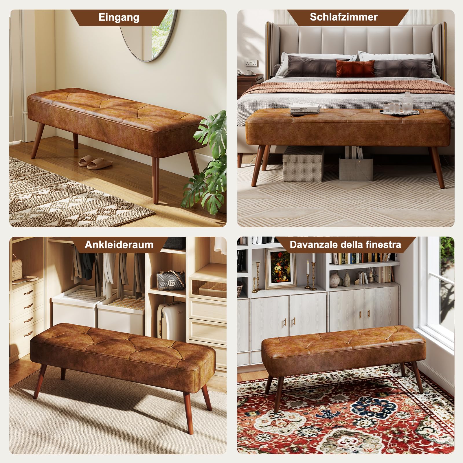 Sitzbank Flur Schlafzimmerbank 113.5cm, Esszimmerbank, Bettbank Flurbank, Fußbank, Polsterbank, Schminkbank Schuhbank mit Holzbeinen aus Pu für Schlafzimmer Wohnzimmer Flur