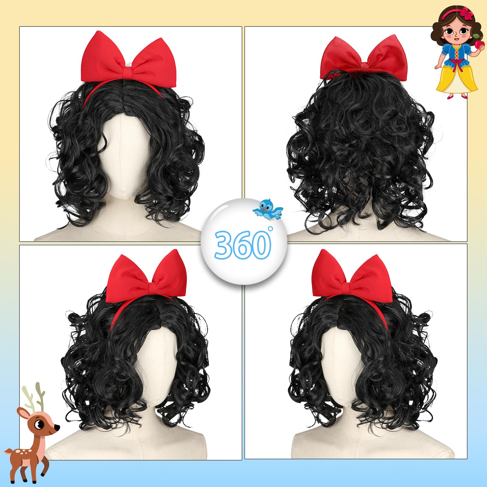 Pwsap 3Pcs Short Black Wavy Wigs for Women with Bow Headband Wig Cap Curly Wigs Layered Natural Synthetic Wig Costume Bob Hair Wig Anime Cosplay Full Head Wigs for Halloween Christmas Party Carnival - Image 4