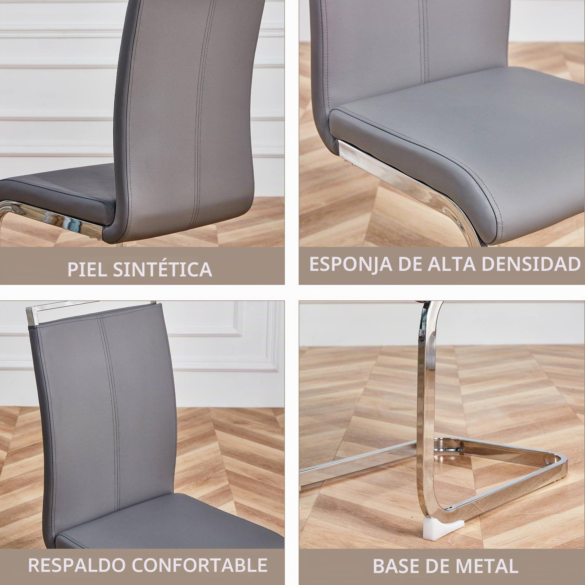 Merax Juego de 4 sillas de Comedor con Piel sintética de Poliuretano y Respaldo Alto, Estructura de Metal Cromado, Silla de Cocina Moderna, Silla tapizada para salón, Sala de conferencias, Gris