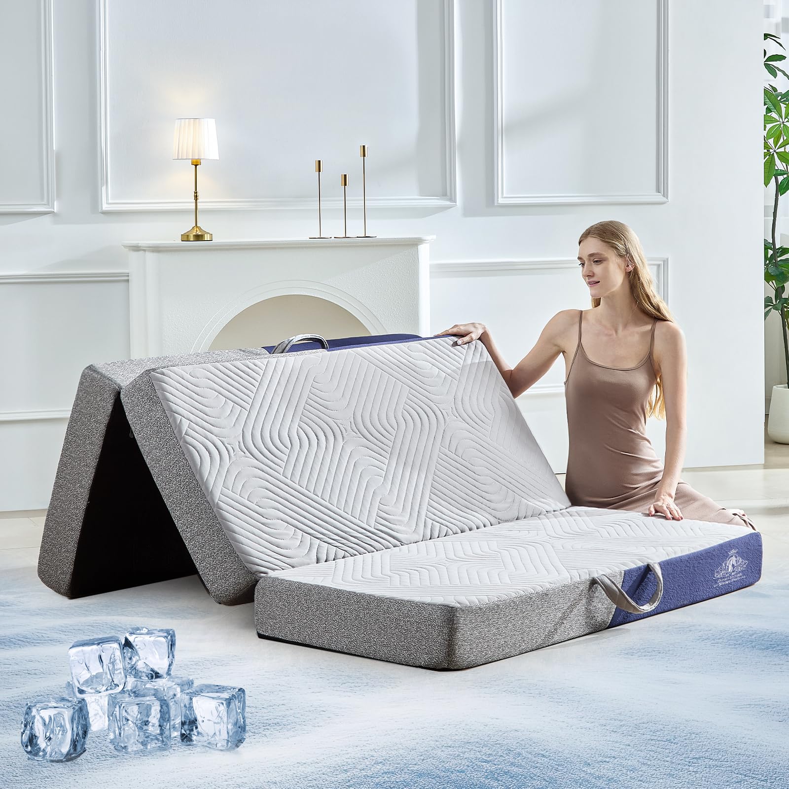 Cooling Foldable Mattress, 6 Inch Memory Foam Mattress/Topper With Cold Breathable Effect, Trifold Mattress For Murphy Bed, Portable Folding Floor Bed For Guest, Camping, Travel, Yoga - Queen