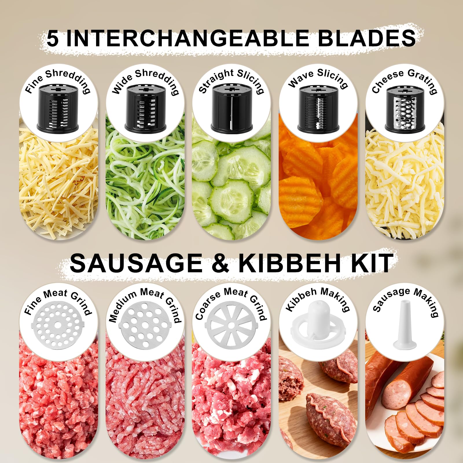 Tritacarne elettrico, insaccatrice per salsicce, inossidabile 2800 W max e tritatutto per verdure, 3 piastre di macinatura, taglierina per verdure con 5 lame affettatrici e kit Kubbe