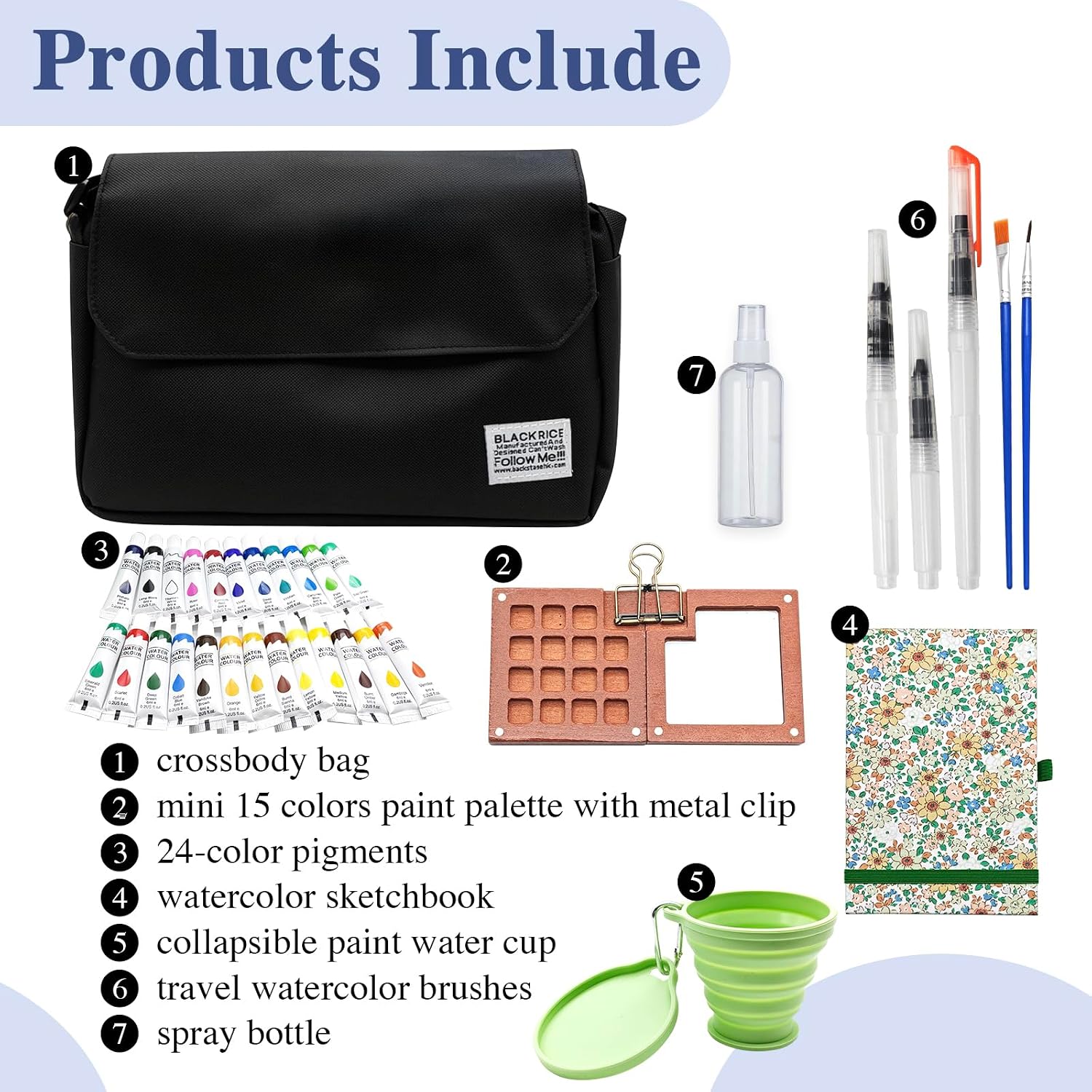 Mini Watercolor Paint Set, 15-Color Walnut Wooden Paint Box with Metal Clip, Crossbody Bag, Paint Water Cup, Watercolor Workbook (black)