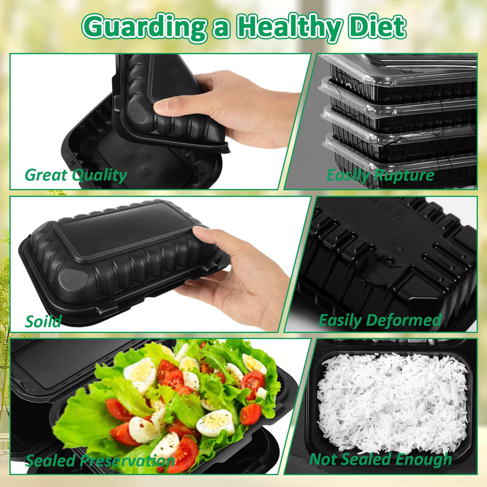 WOPPLXY Paquete de 50 recipientes de plástico para alimentos de 27 onzas, recipientes de plástico de 9 x 6 pulgadas con tapas, cajas de plástico reutilizables sin BPA, cajas desechables para