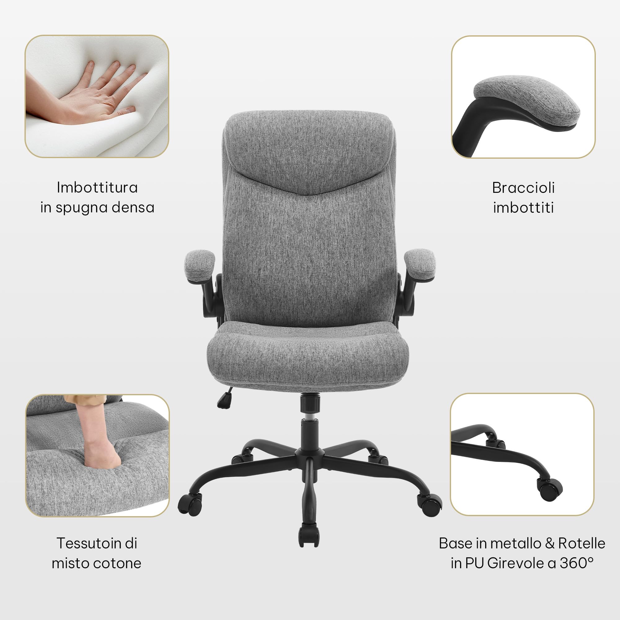 eSituro Poltrona Ufficio Ergonomica, Sedia Ufficio, Cotone Lino, Grigio | con Bracciolo Ribaltabile, Regolabile in Altezza