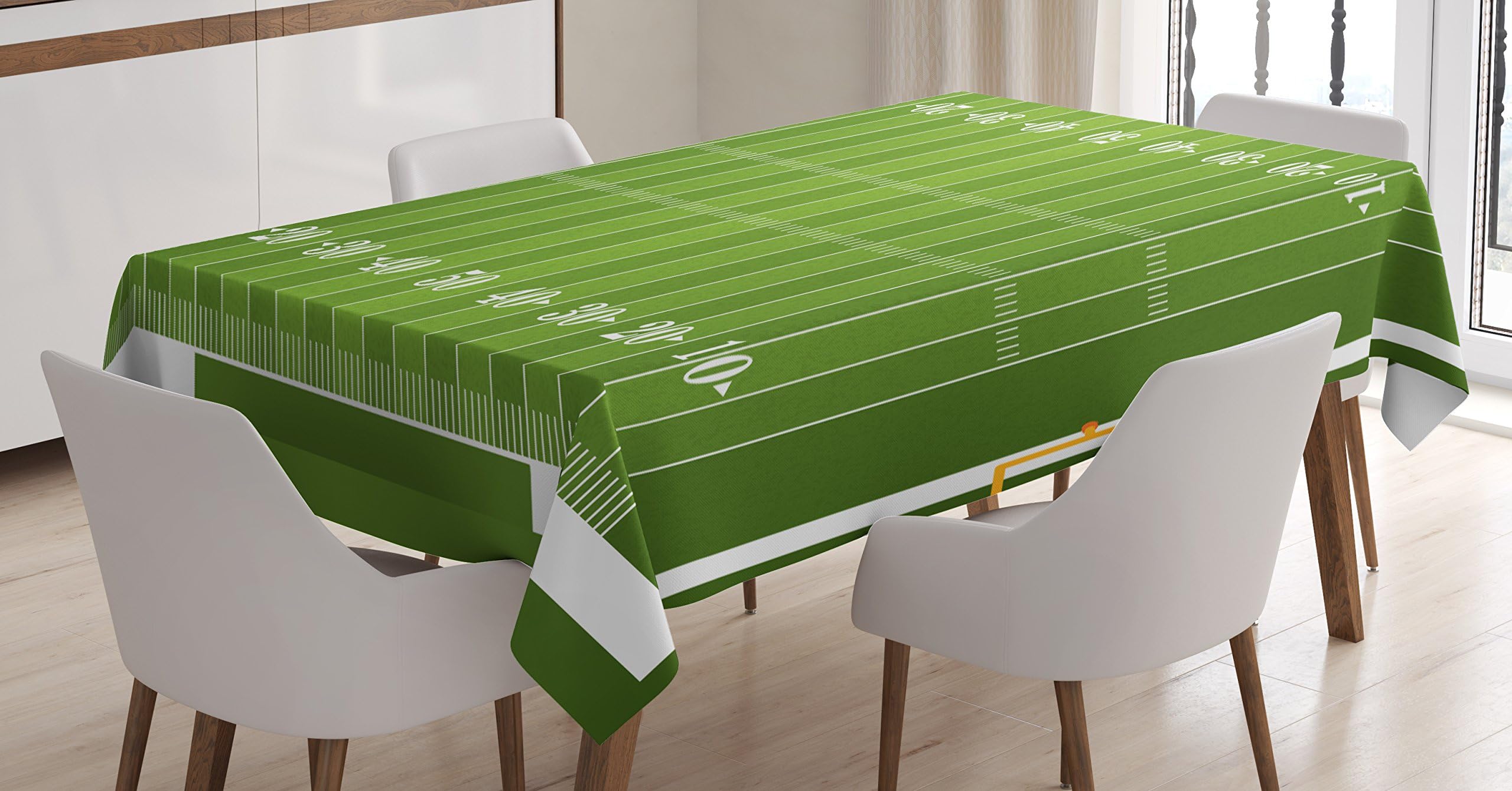 Ambesonne Football Tablecloth, Sports Field in Green Gridiron Yard Competitive Games College Teamwork Superbowl, Rectangular Table Cover for Dining Room Kitchen Decor, 52" X 70", White Green