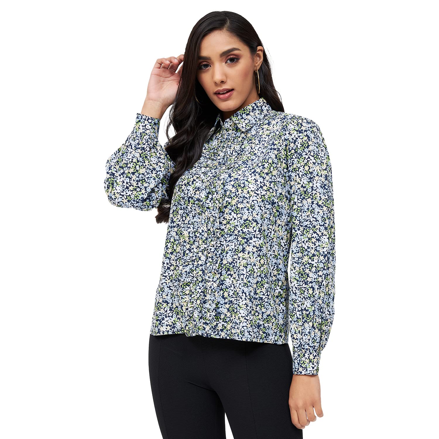kibo Casual Women's Floral Polyester Collar Neck Top Light Blue-picture-54