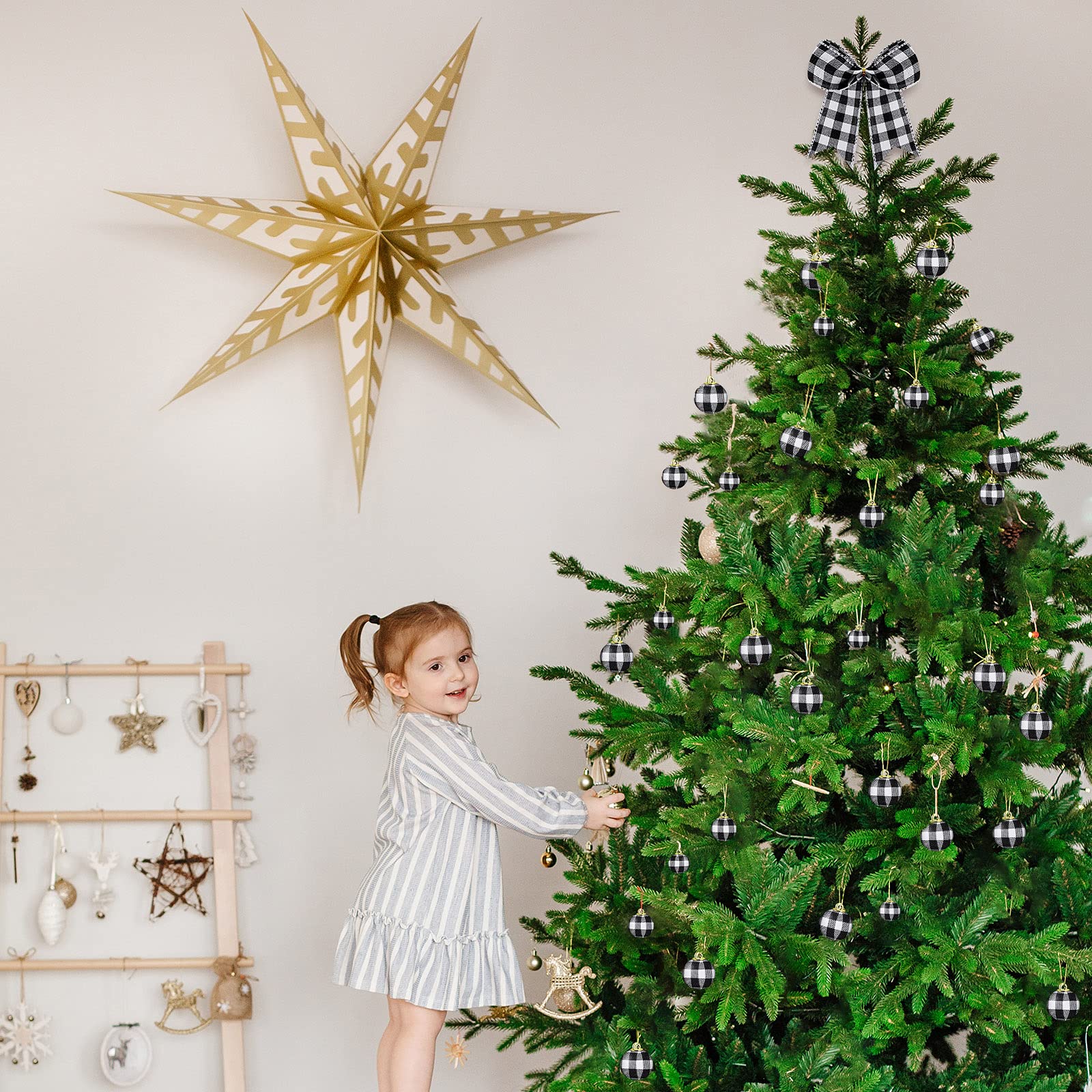 36 Pcs Christmas Buffalo Plaid Ball Ornament Fabric Wrapped Ball 12 Pcs Bow Xmas Tree Hanging Decor Holiday Farmhouse Party Supplies (Black and White Plaid, 2.8 Inch and 0.6 Inch)