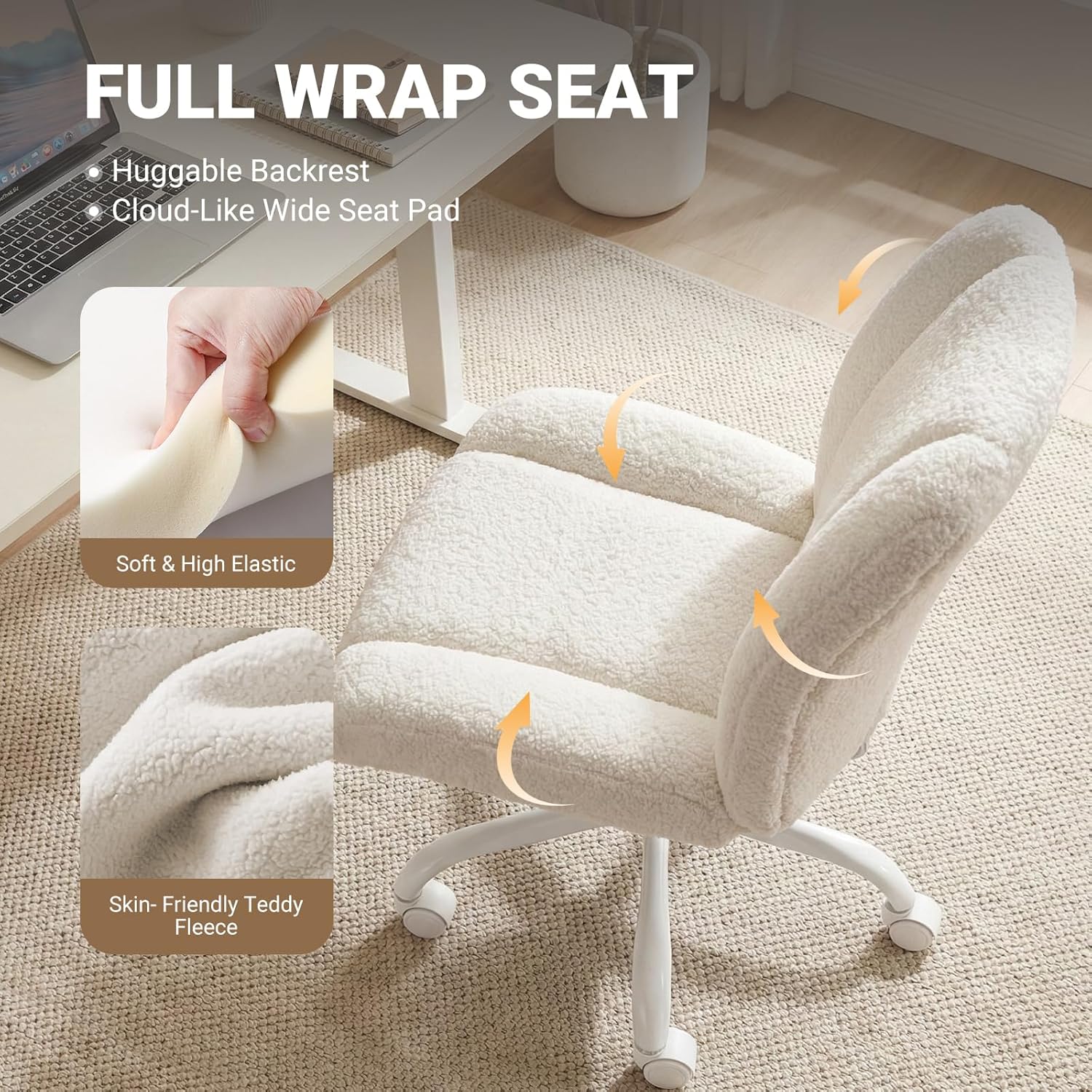 Vanity Chair with Back, Cute Modern Office Desk Chair with Wheels, Comfy Teddy Fleece Armless Chair for Girls, Thick Cushion Lumbar Support, Adjustable Swivel Chair for Small Spaces, White