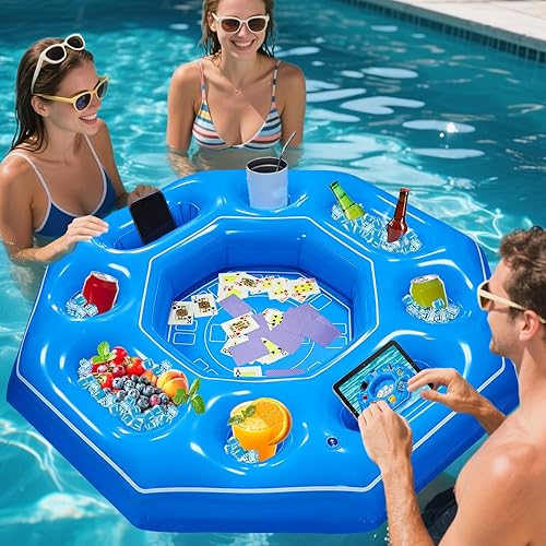 Mesa de juego inflable octogonal con naipes impermeables, juegos inflables de bar de piscina para adultos, bandeja de mesa de bar portátil flotante