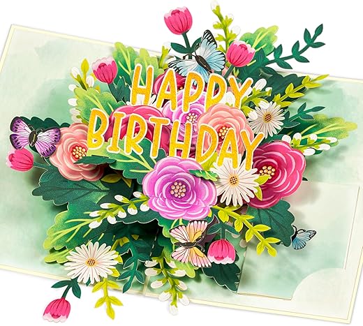 Happy Birthday Pop Up Card, Colorful Flowers and Butterflies, Beautiful, Elegant, Floral 3D Greeting Card, Ideal Gift for Mom, Sister, Women,…