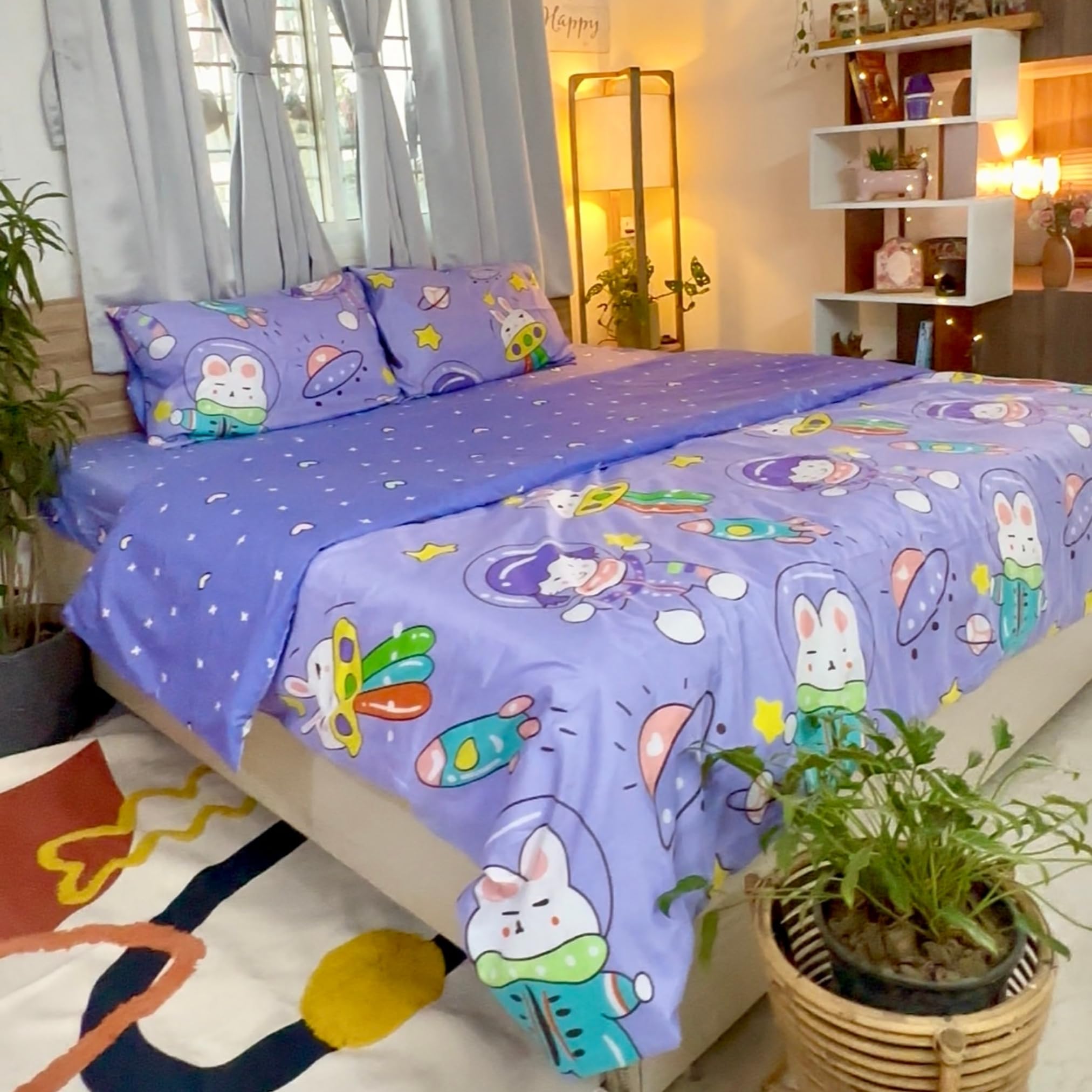 Famyo King-Size Bedding Set (4pc) – 250 TC Fitted Bedsheet 72x78 in, 2 Pillow Covers, Comforter Cover (Astronaut Design, Purple)-image-44