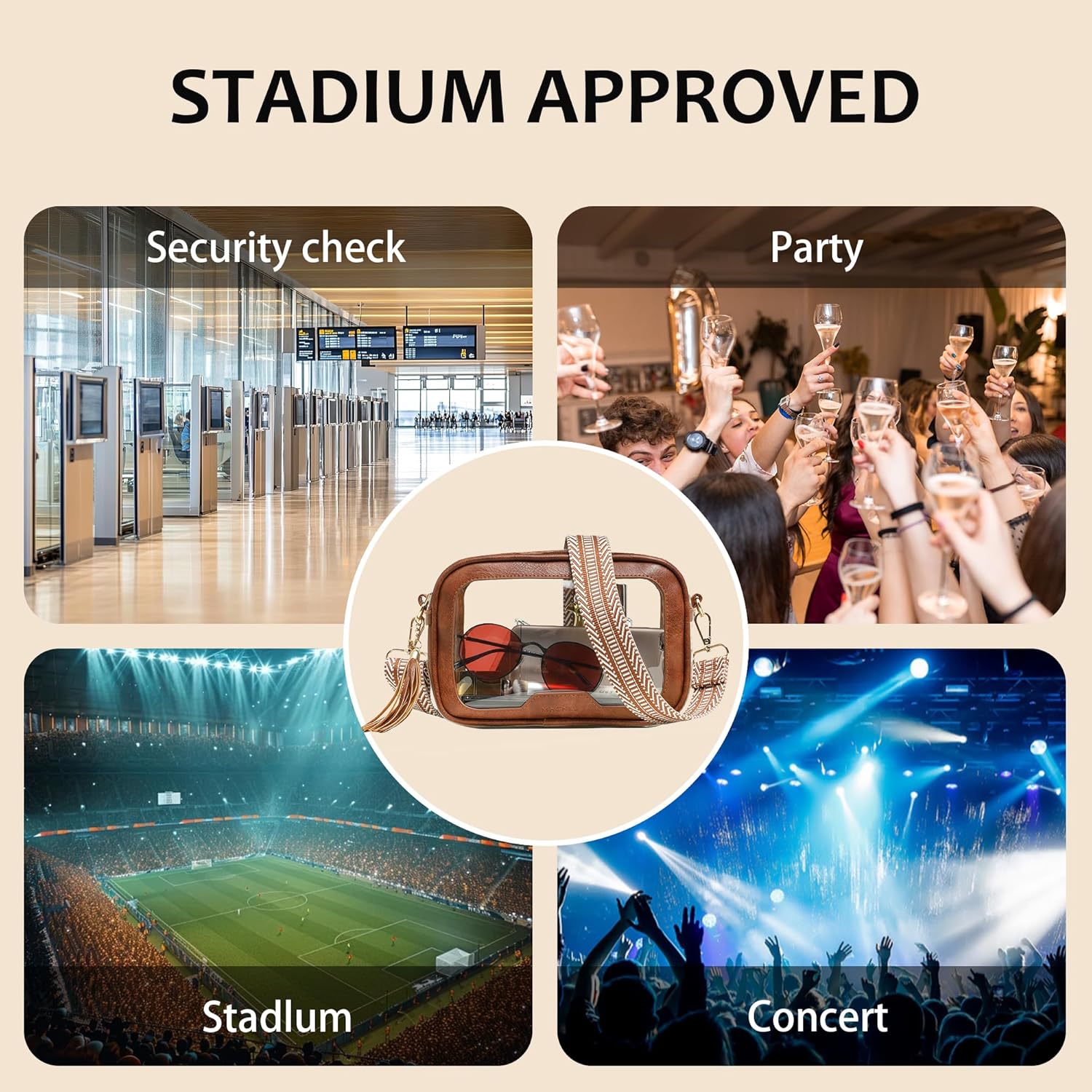 MHCNLL Clear Crossbody Bag Stadium Approved,Transparent Purse for Women with Guitar Strap, See Through Pouch for Concert