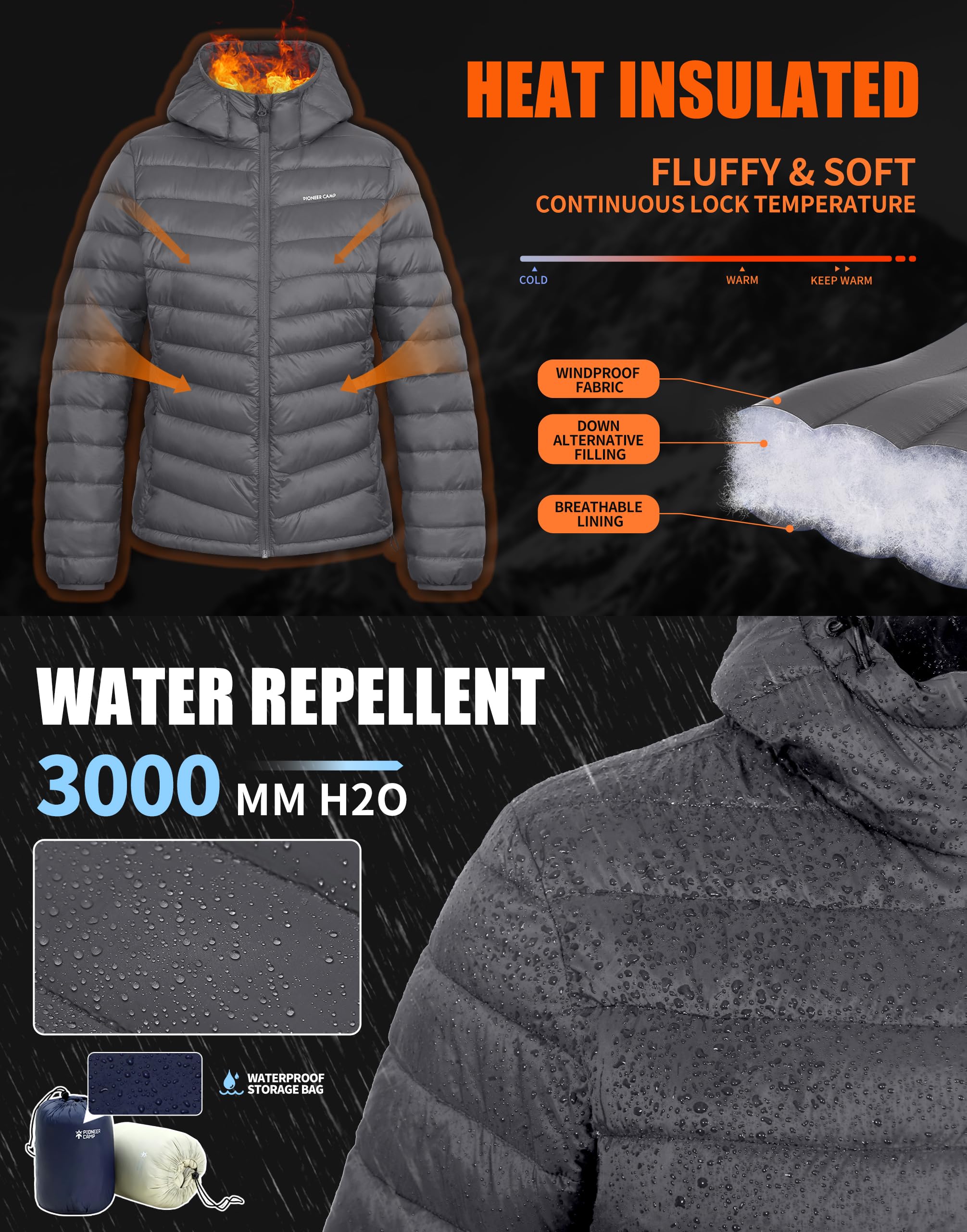 Pioneer Camp Piumino invernale da donna, ripiegabile, leggero, idrorepellente, trapuntato, con cappuccio