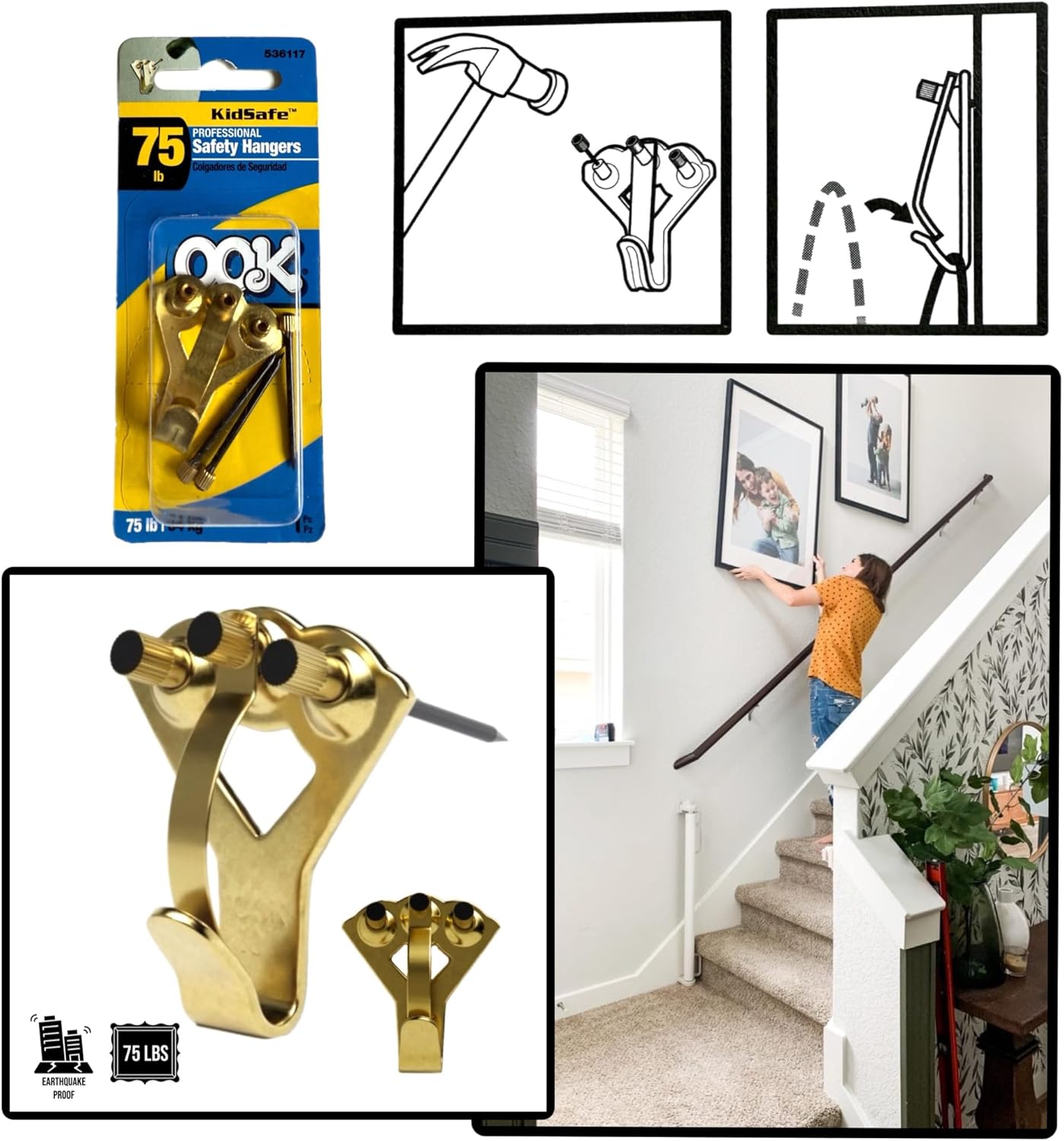 4 Pack Earthquake Safe Museum Quality Heavy Duty Tremor Proof Picture Hanging Hooks – Drywall Wood & Plaster 75 lbs Weight Capacity Mirrors Wall Art Galleries Homes
