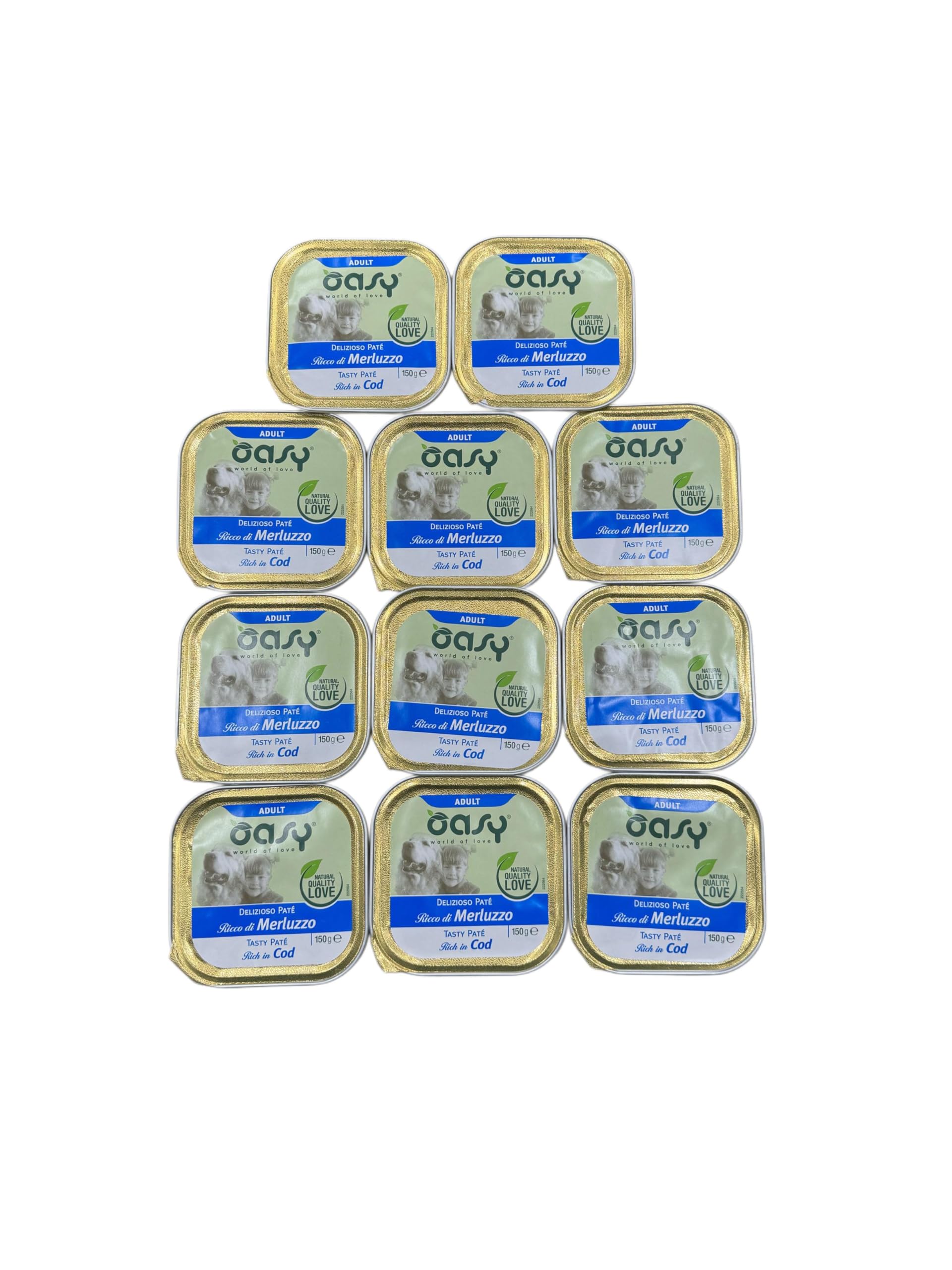 Oasy delizioso patè per cani adulti di tutte le taglie, gusto MERLUZZO | 11 vaschette da 150 grammi l'una.