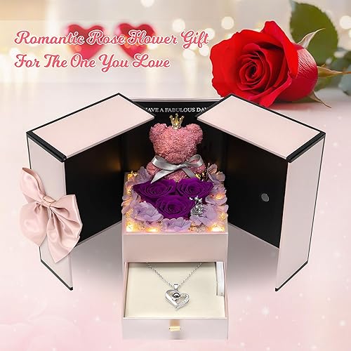 Miniatura 10 de Regalos para el día de San Valentín para mujer flores rojas preservadas regalos de rosas con bonito oso para mamá regalos románticos para ella