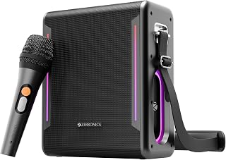 ZEBRONICS Axon 150 Portable Bluetooth Speaker, 100W RMS, Built-in Power Bank, Zeb AcoustiMax DSP, Dual Passive Radiators, Up to 7h Playback, RGB Lights, BT v5.3, USB, mSD, AUX, Wireless Mic (Black)