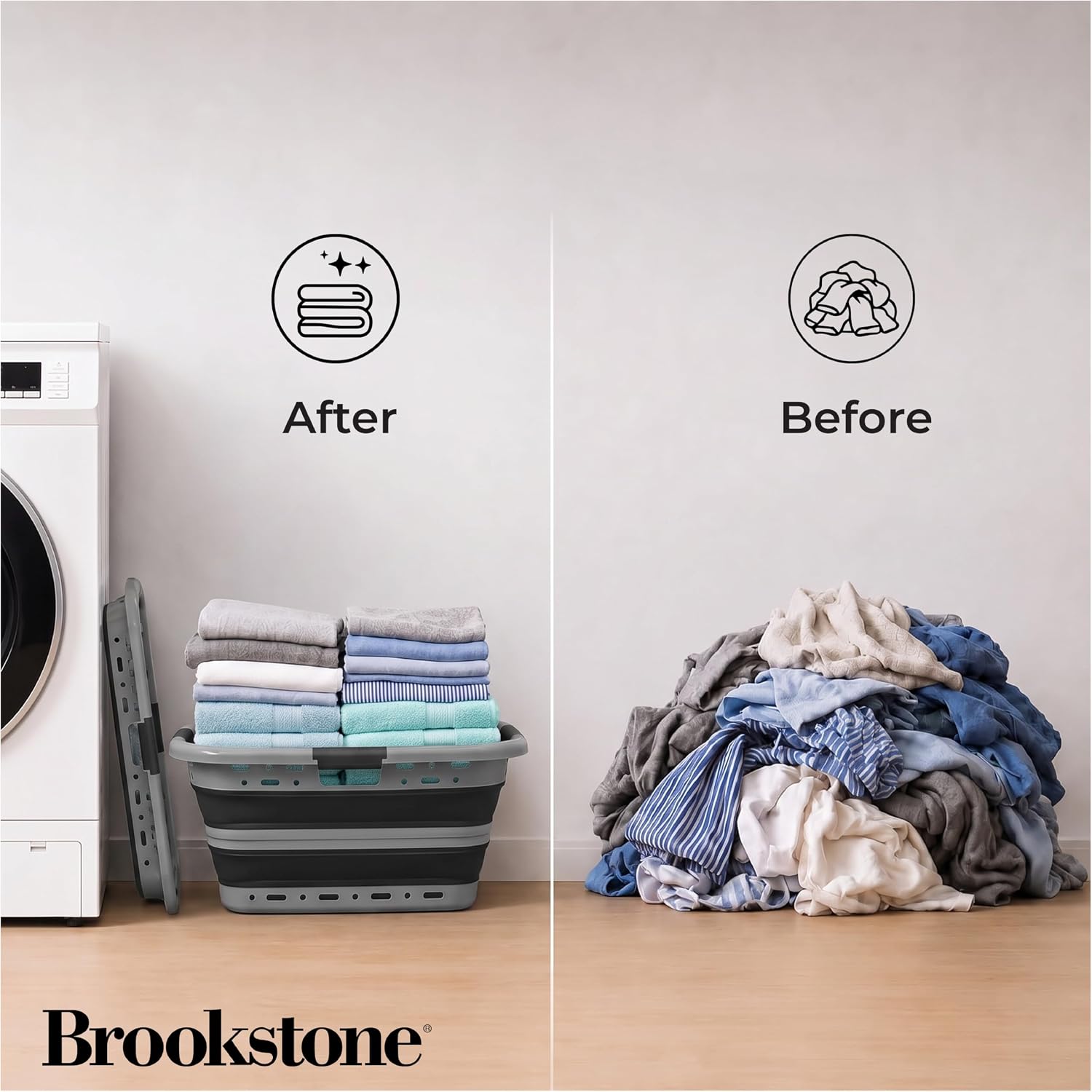 Brookstone 11 Gal Collapsible Laundry Basket With 3 Handles, Hip Hugger Design, Non-Slip Comfort Grip, Lightweight BPA-Free Space Saving Pop-Up Hamper, 24 In, Portable and Sturdy, Dark Gray image 3