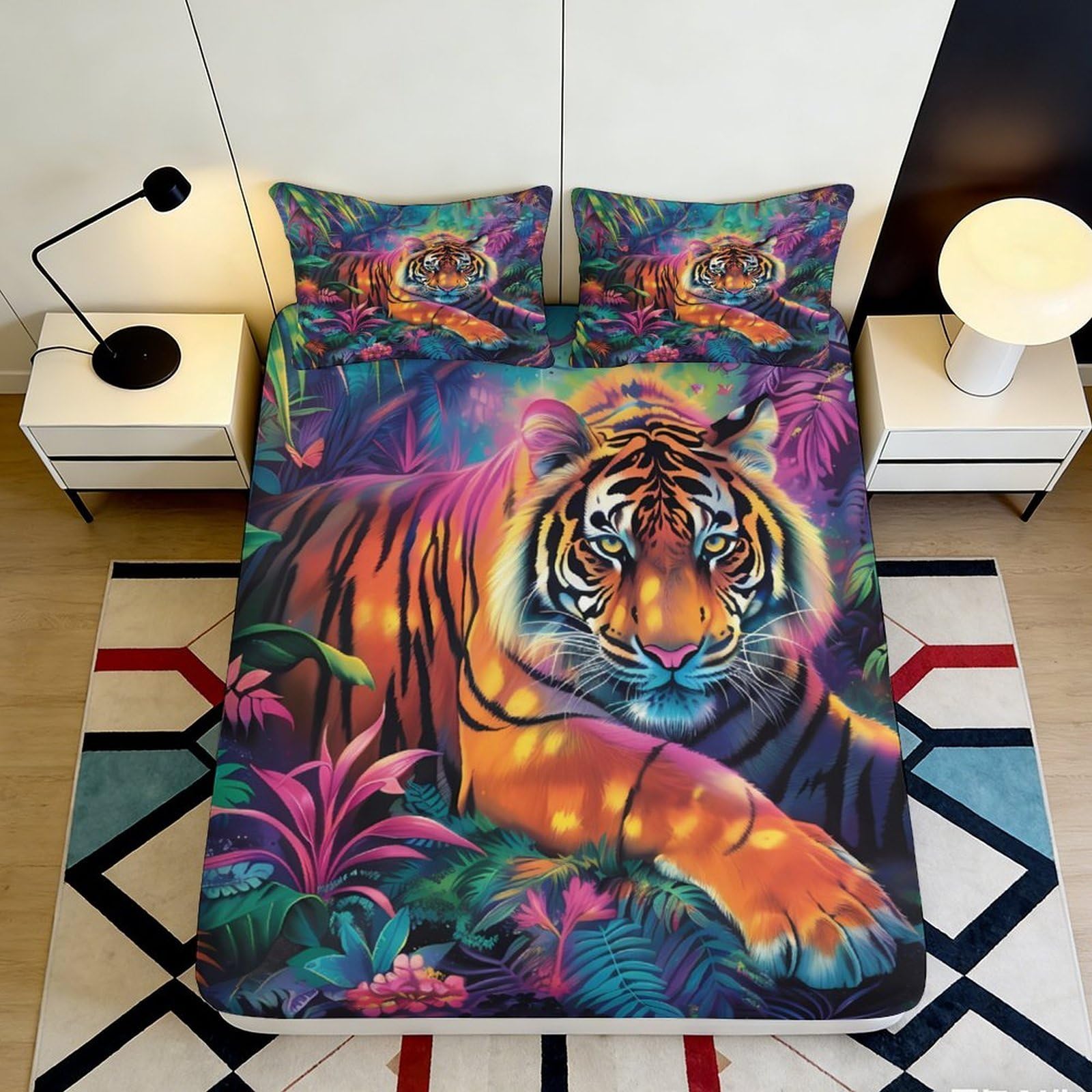 3D Printed Vibrant Tiger Jungle Fitted Sheet Microfiber Breathable Mattress Cover for Bedroom Dorm Bed Decor 120x200x25cm