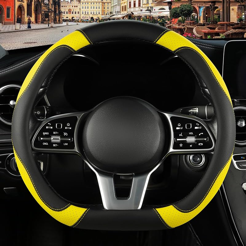 Capa para volante em couro sintético Black Yellow, formato D com base plana, para volantes de 37 a 38 cm, Binsheo