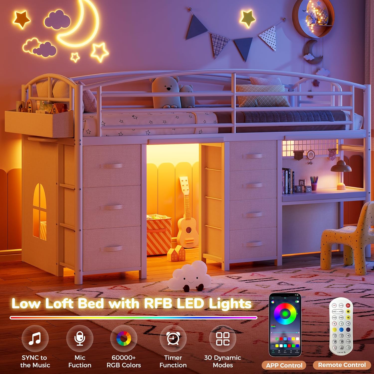 Low Loft Bed Twin Size with 7 Storage Drawers, Desk and LED Lights, Heavy Duty Metal Kids Loft Bed with 12" H Safety Guardrail, Anti-Collision Pad, Private Play Curtain, Under-Bed Play Space (White)