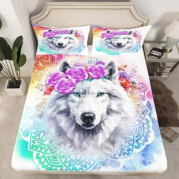 Erosebridal Wolf Bedding Set Lotus Tie Dye Fitted Sheet Mandala Flower Exotic Tribal Bed Cover for Kids Boys Girls Green Eyes Wild Animal Marble Bedclothes 2Pcs Twin Size Purple Pink