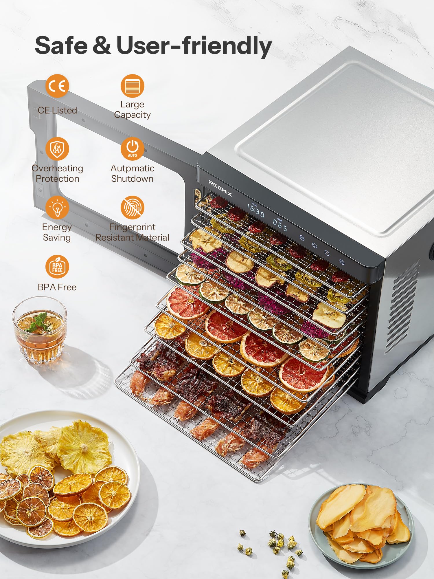 Déshydrateur alimentaire en acier inoxydable 1000W, contrôle digital, 9 plateaux, surface 0,8 m², température 30–75°C, minuterie 30 min–48h, écran LCD tactile
