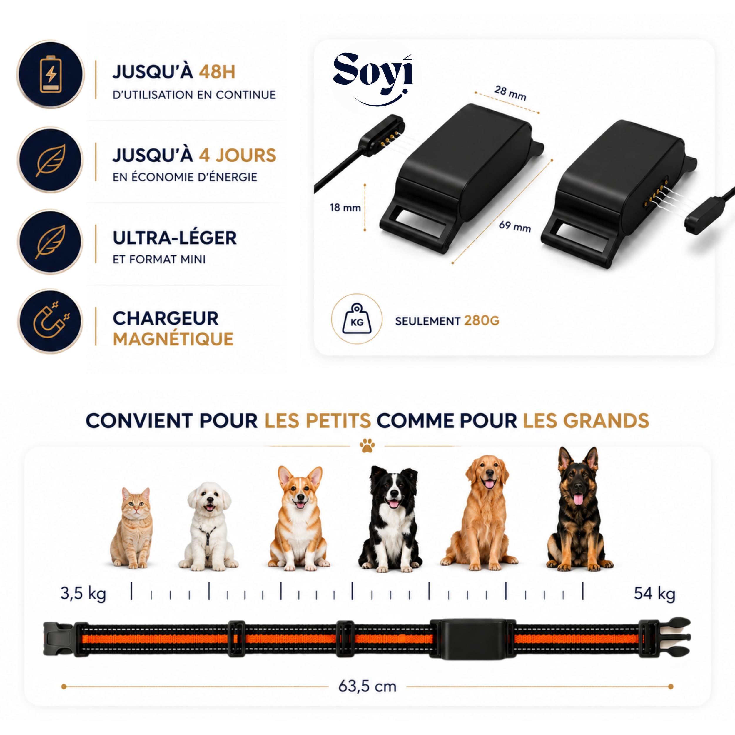 Soyi – Collier GPS Chat et Chien avec Carte SIM Incluse et 1 an de Service, Compatible iOS et Android, Localisation en Temps Réel, Suivi d'Activité et du Sommeil, Batterie Longue Durée, Étanche