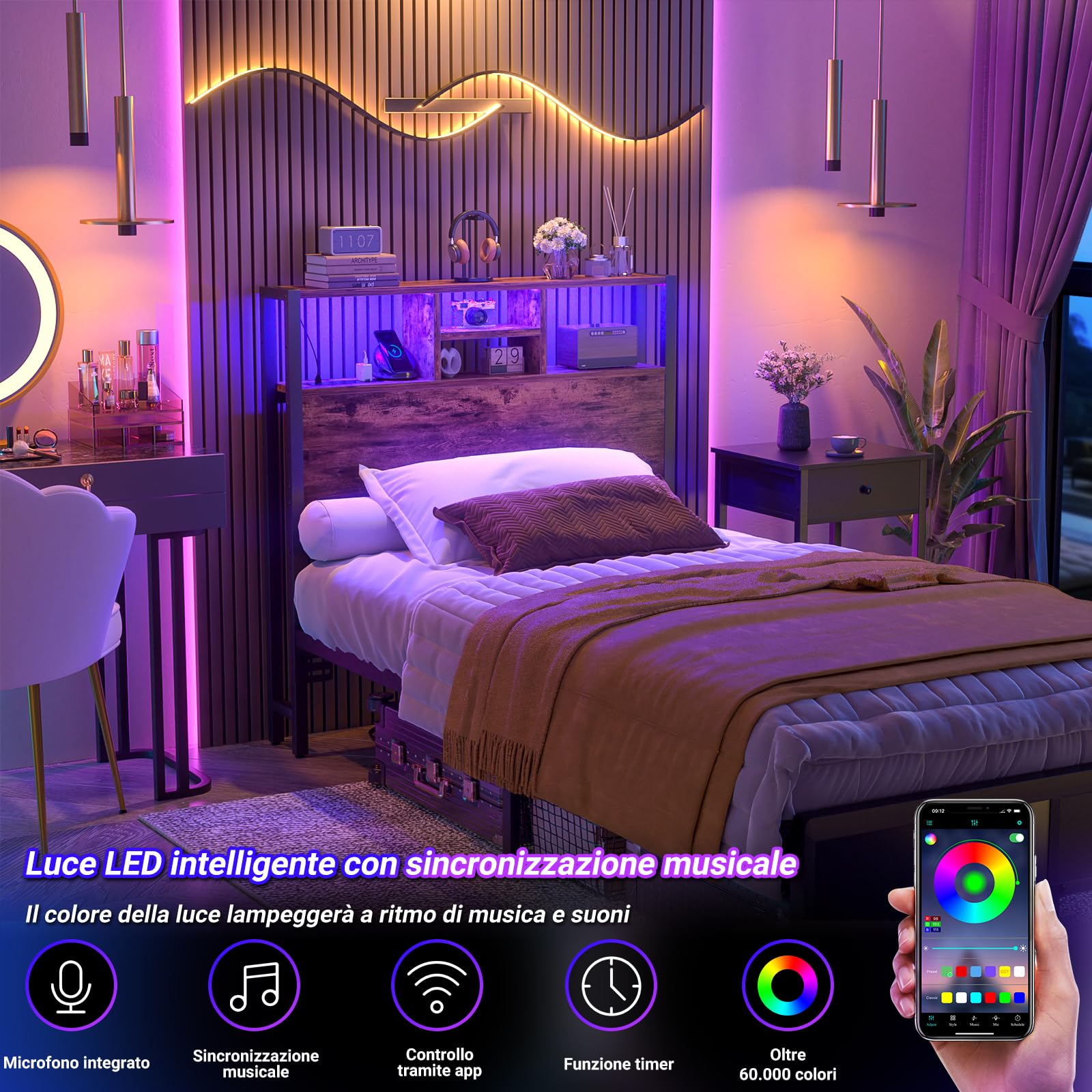 iSunirm Testiera per letto ripiani portaoggetti da 102 cm, testiera con prese di corrente, porte USB e Pype C, luce a LED, solo testiera, regolabile in altezza, reversibile, marrone