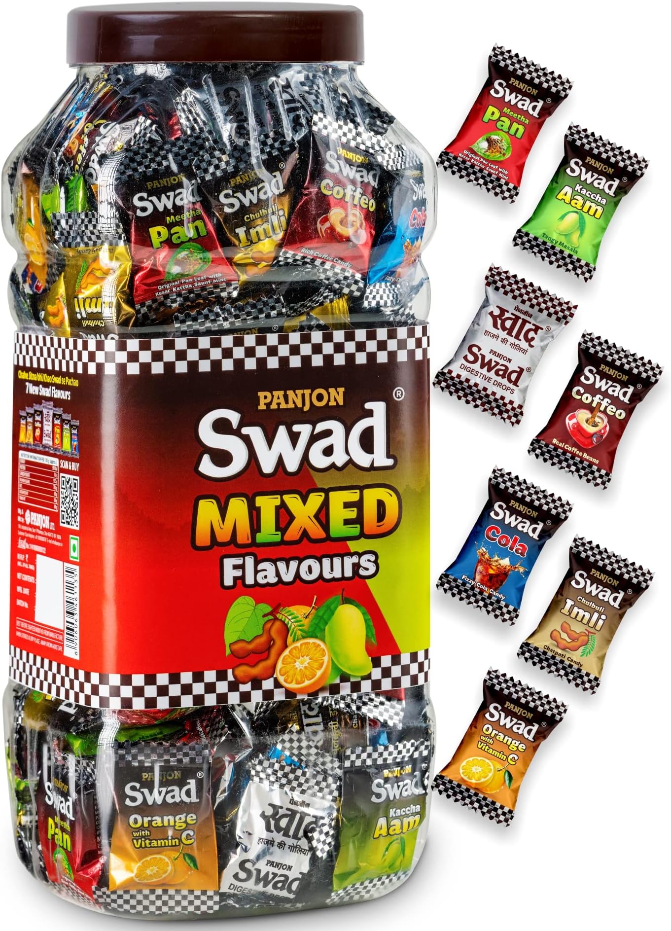 Mixed Assorted Candy Jar (Kaccha Mango, Imli, Coffee, Pan, Orange) 100% Vegan & Gluten Free, Digestive & Tasty Masala Toffee | Indian Sweets, 150 Candies Jar
