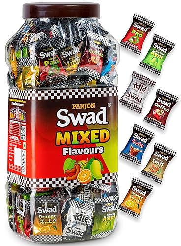 Swad Tarro de dulces Chatpati Goli de sabores mixtos, 150 caramelos duros con Kaccha Aam Imli Meetha Paan Cola, café naranja, sabores originales,