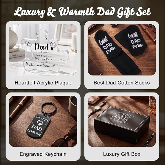 Sieral 6 Pcs Dad Gifts for Fathers Day, Best Dad Ever Gifts Set from Daughter Son - Bathrobe, 12oz Tumbler, Socks, Acrylic Plaque, Keychain, Candle and Gift Box for Father's Day, Birthday