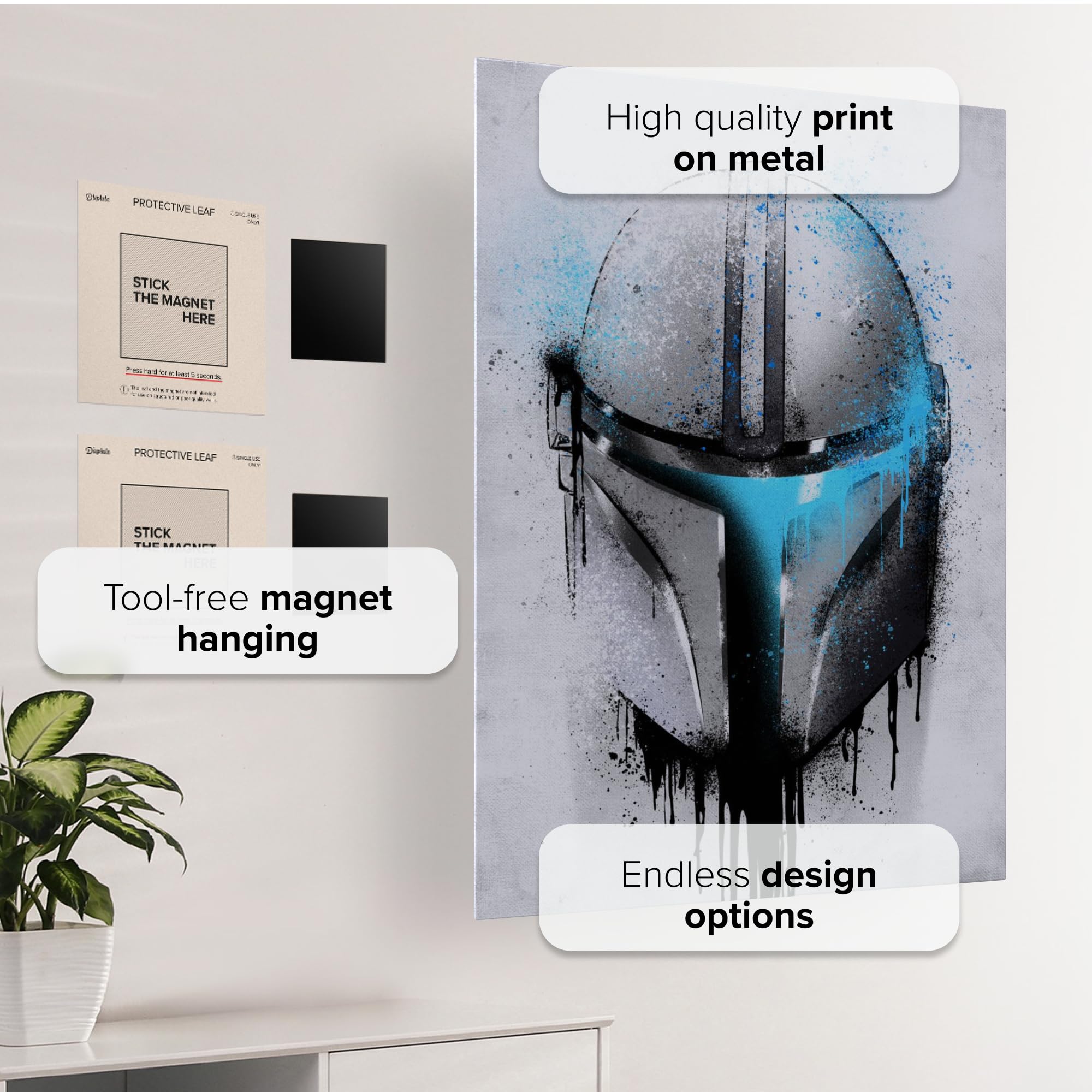 Displate - Póster de Metal - Montado con Imán - Star Wars - Helmets Graffiti - Mandalorian Graffitti - Taille L - 67,5x48cm Matt