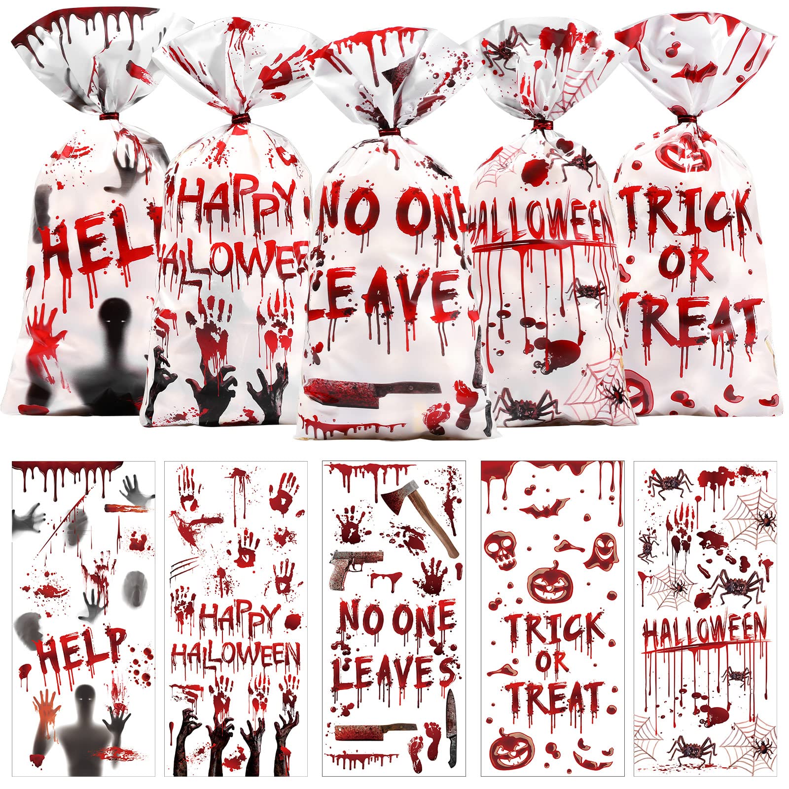 Pajean 150 Pcs Halloween Cellophane Bags Halloween Candy Treat Bag Pumpkin Handprint Skull Spider Web Patterned Plastic Wrap Gift Bag For Halloween Splatter Party Favors Supplies