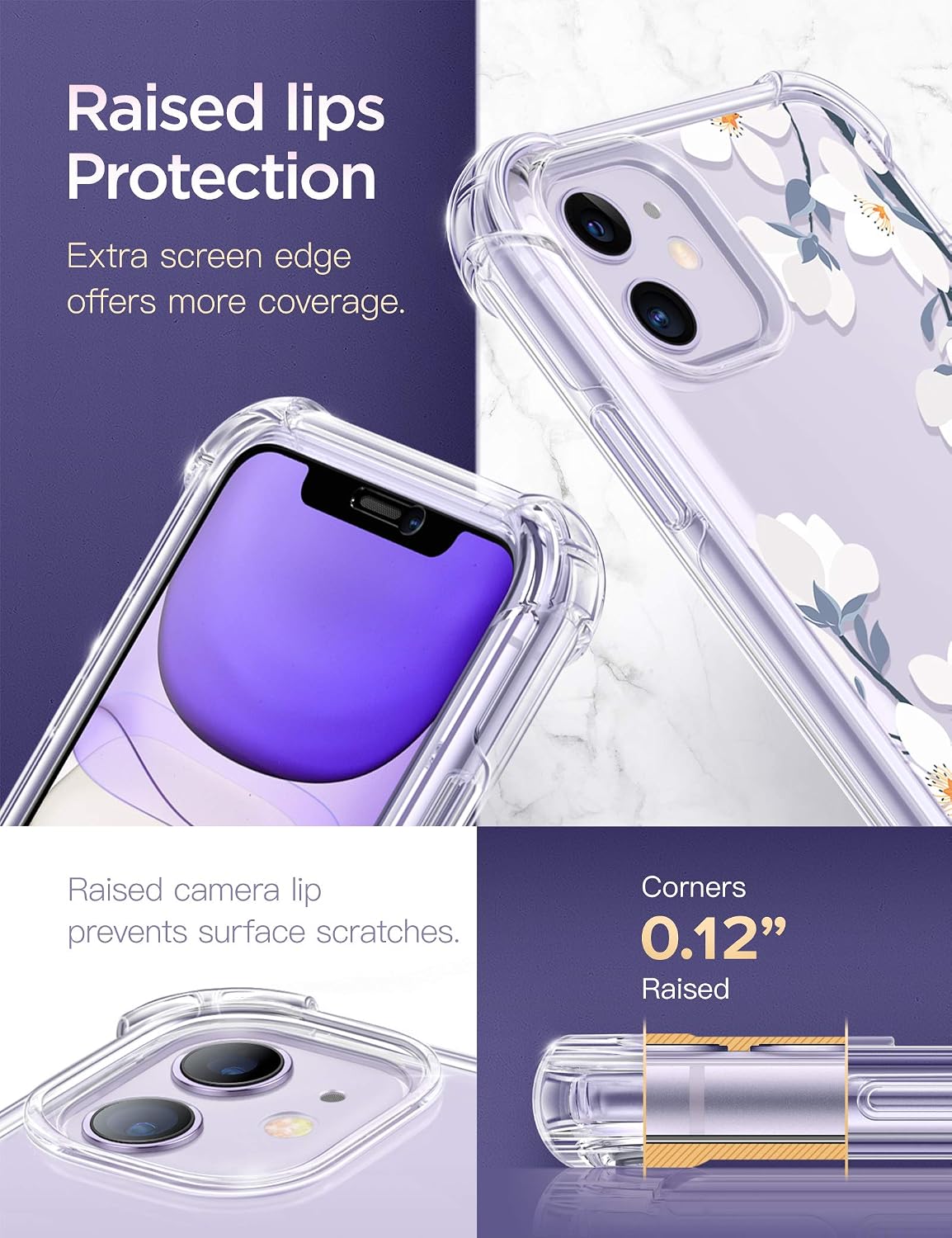 GVIEWIN Floden Series iPhone 11 Case 6.1 Inch 2019, [Built-in Tempered Glass Screen Protector] Full-Body Clear Flower Rugged Bumper Shockproof Protective Phone Cover (Windflower/White)