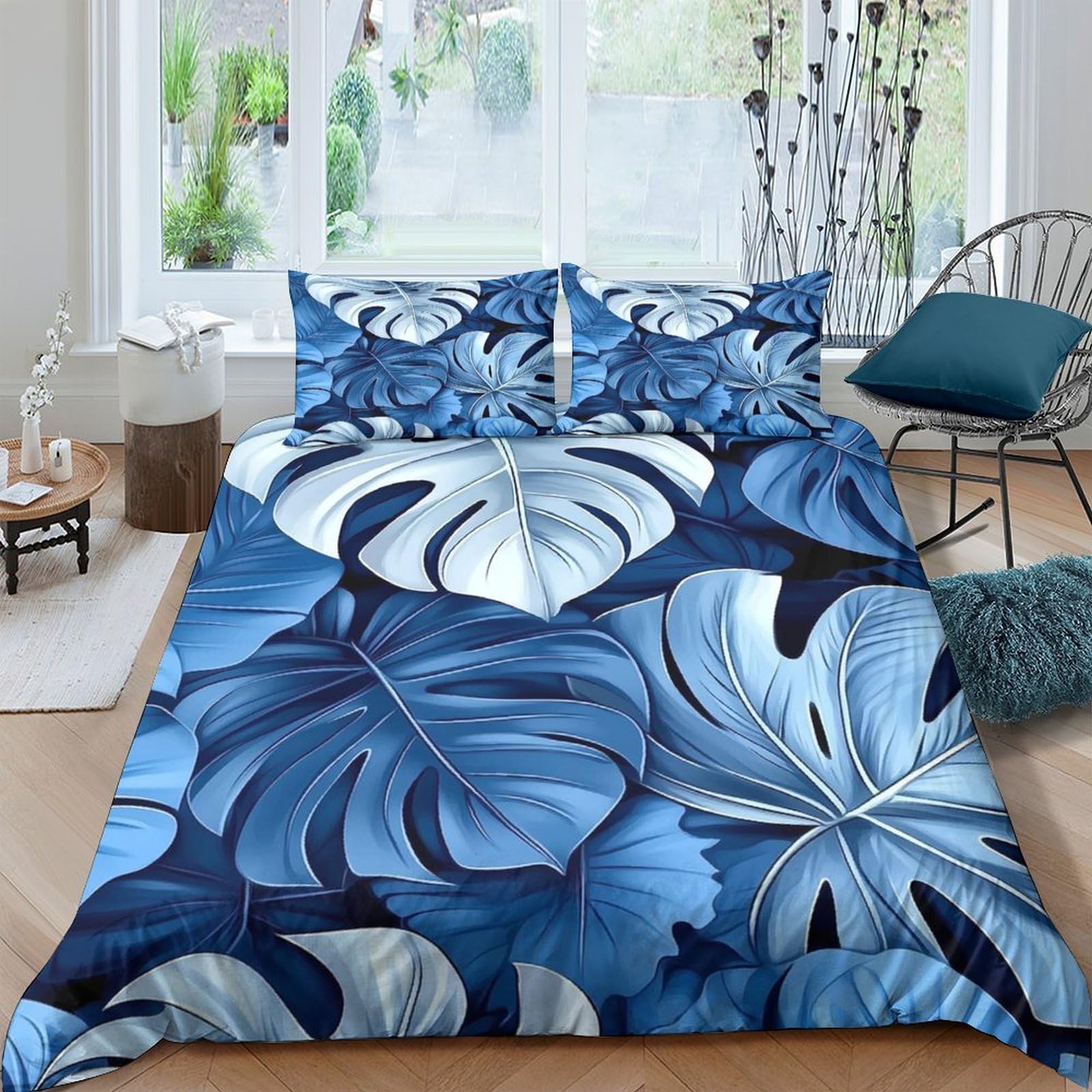 GPLZQXKJNH 3D Printed Blue Monstera Leaf Duvet Cover Microfiber Soft Breathable Tropical Jungle Bedding Set with 2 Pillowcases for Bedroom Home Single（135x200cm）